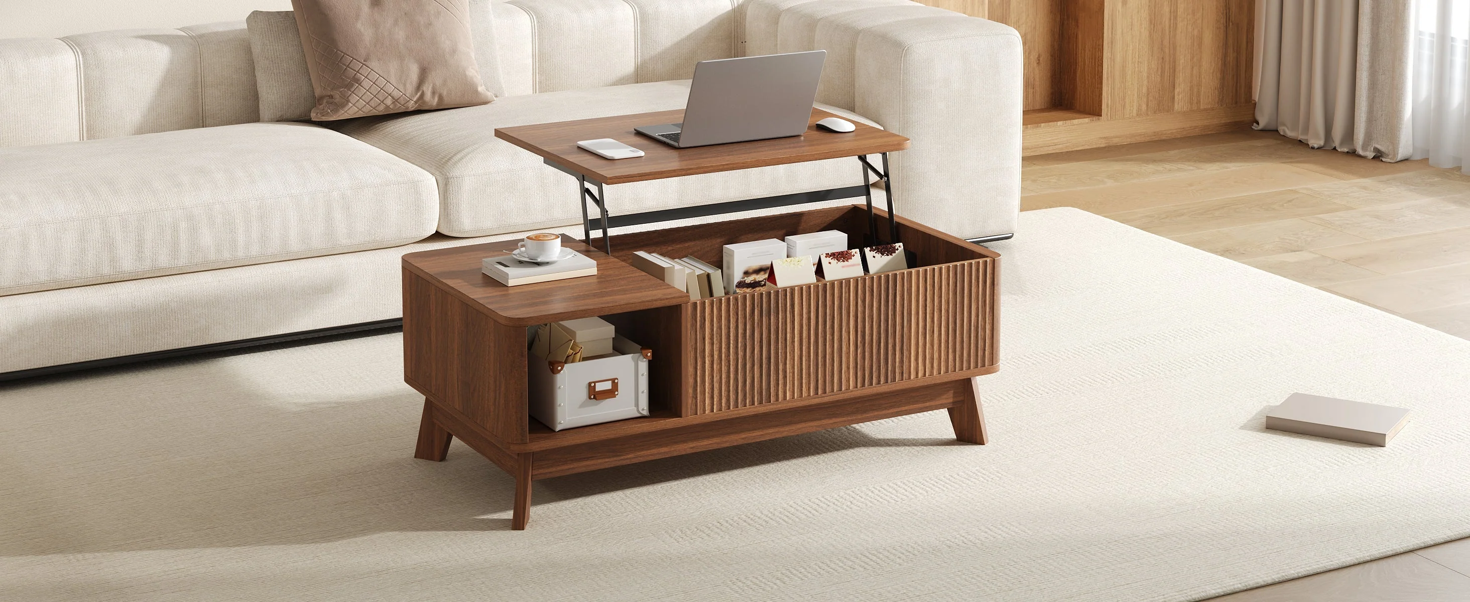 Coffee Table with Lifting Mechanism, Wave Design and Side Compartment, MDF Material - Image 7