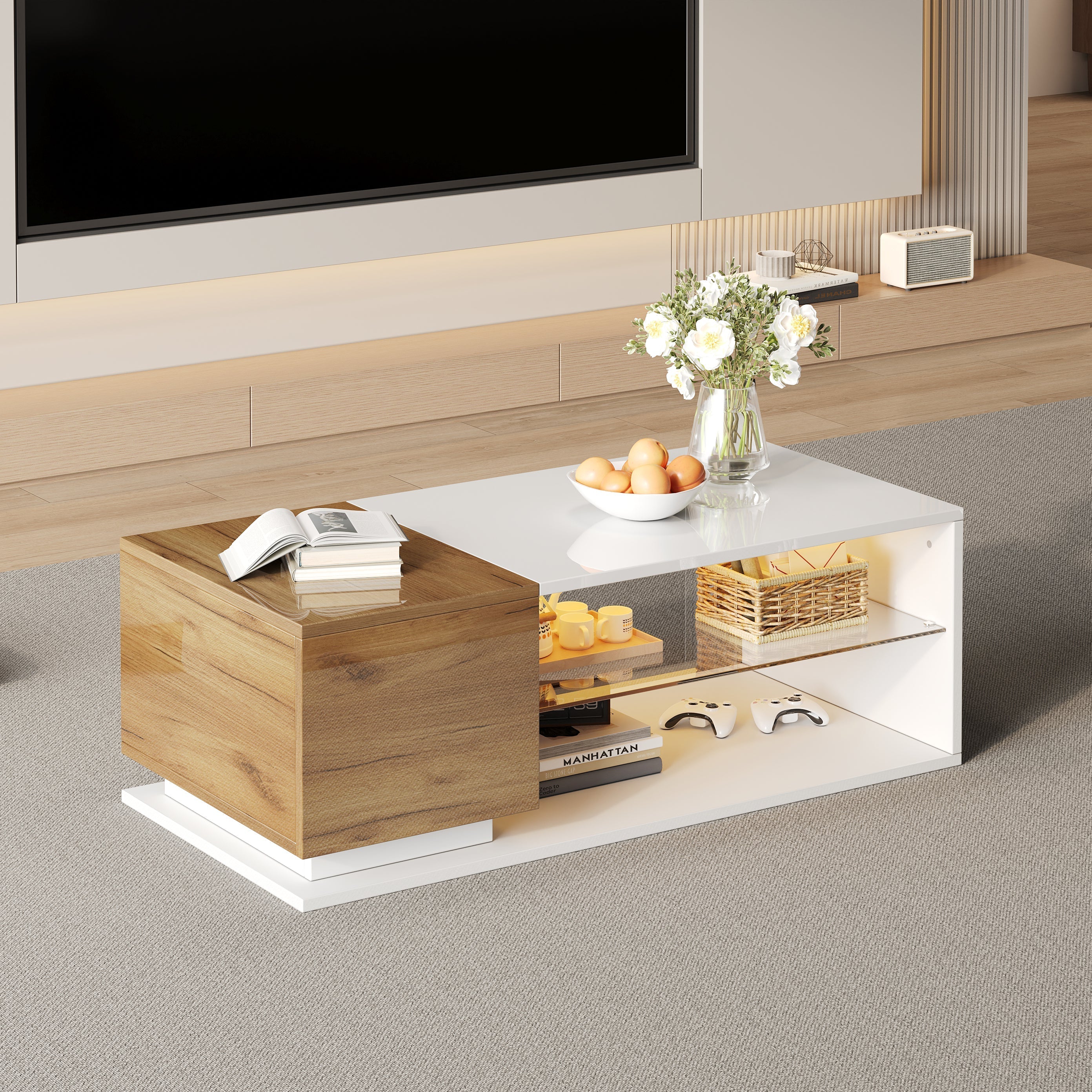 Coffee Table with Open Storage, Glass Shelves and LED, High Gloss White + Wood, MDF + Glass - Image 6