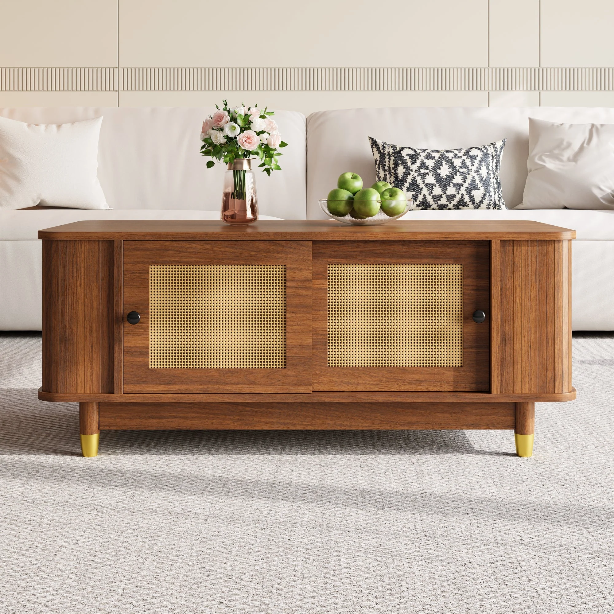 Coffee Table with Rattan Sliding Doors and Rounded Corners, Modern Wood Look MDF