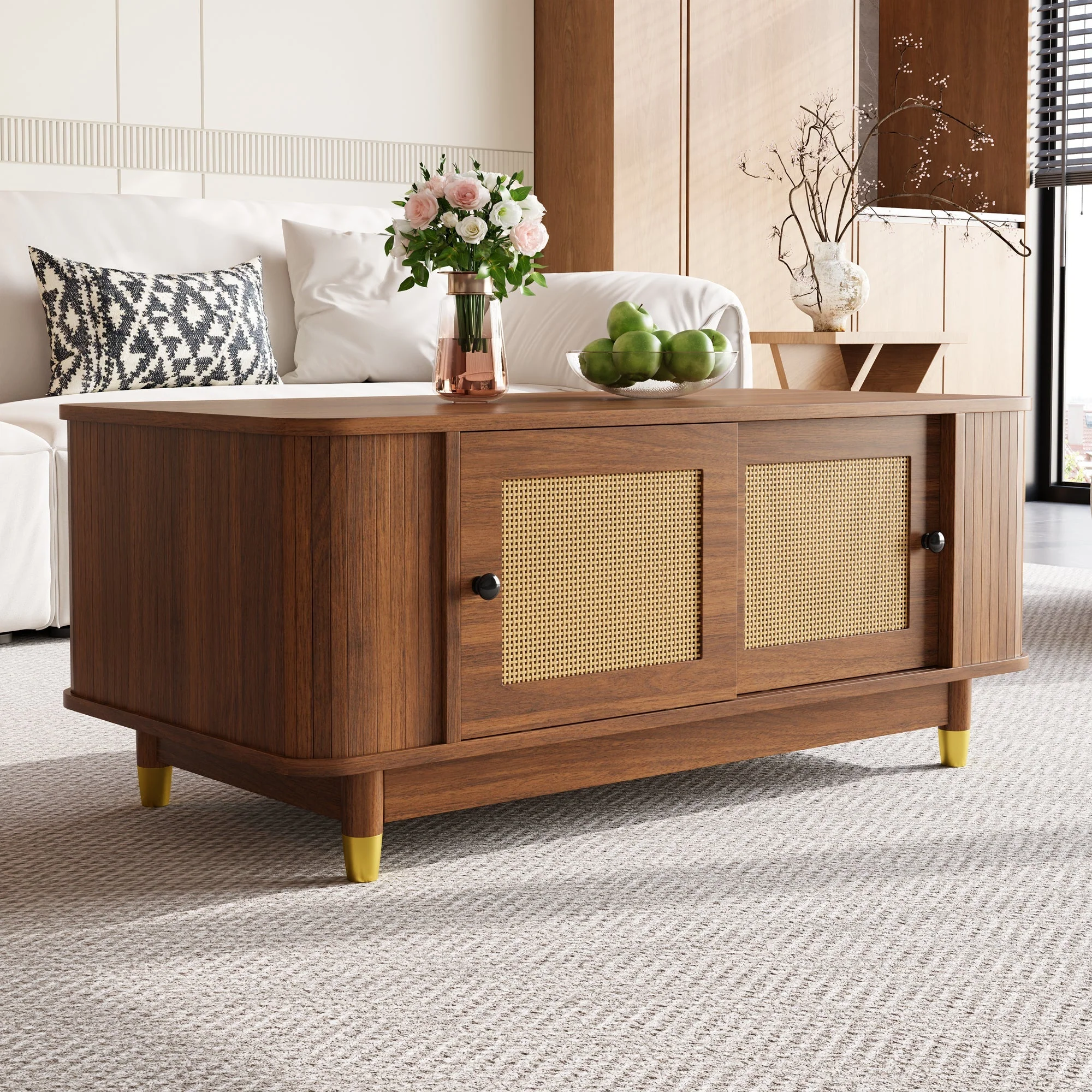 Coffee Table with Rattan Sliding Doors and Rounded Corners, Modern Wood Look MDF - Image 6