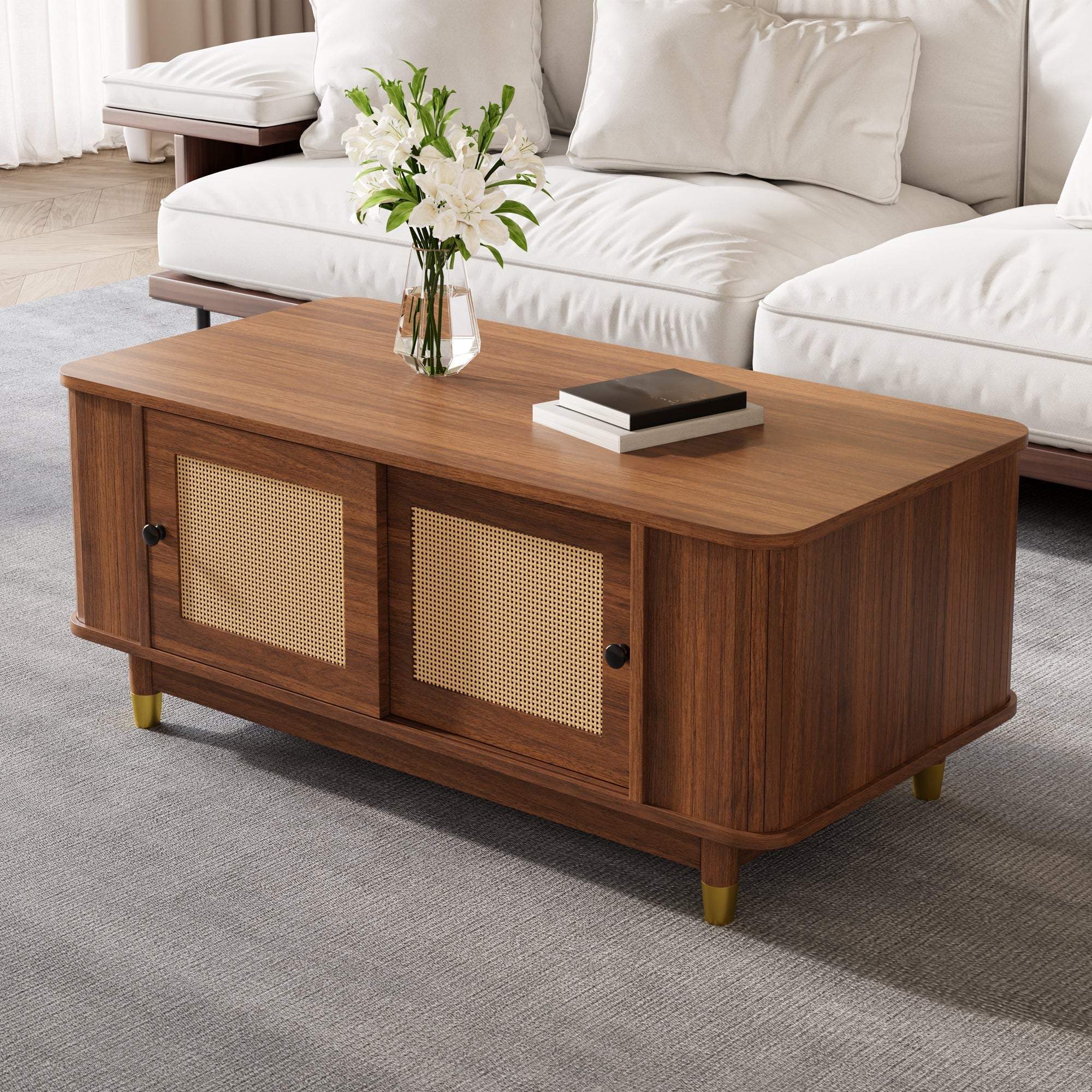 Coffee Table with Rattan Sliding Doors and Rounded Corners, Modern Wood Look MDF - Image 8