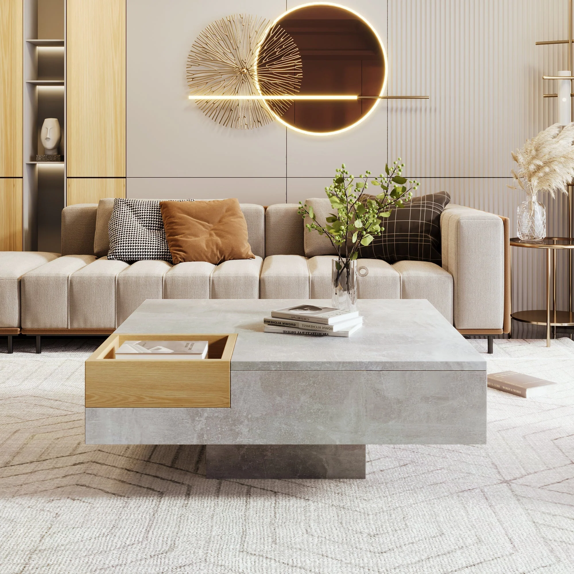 Coffee Table with Removable Storage Box, Concrete Gray and Wood - Image 3