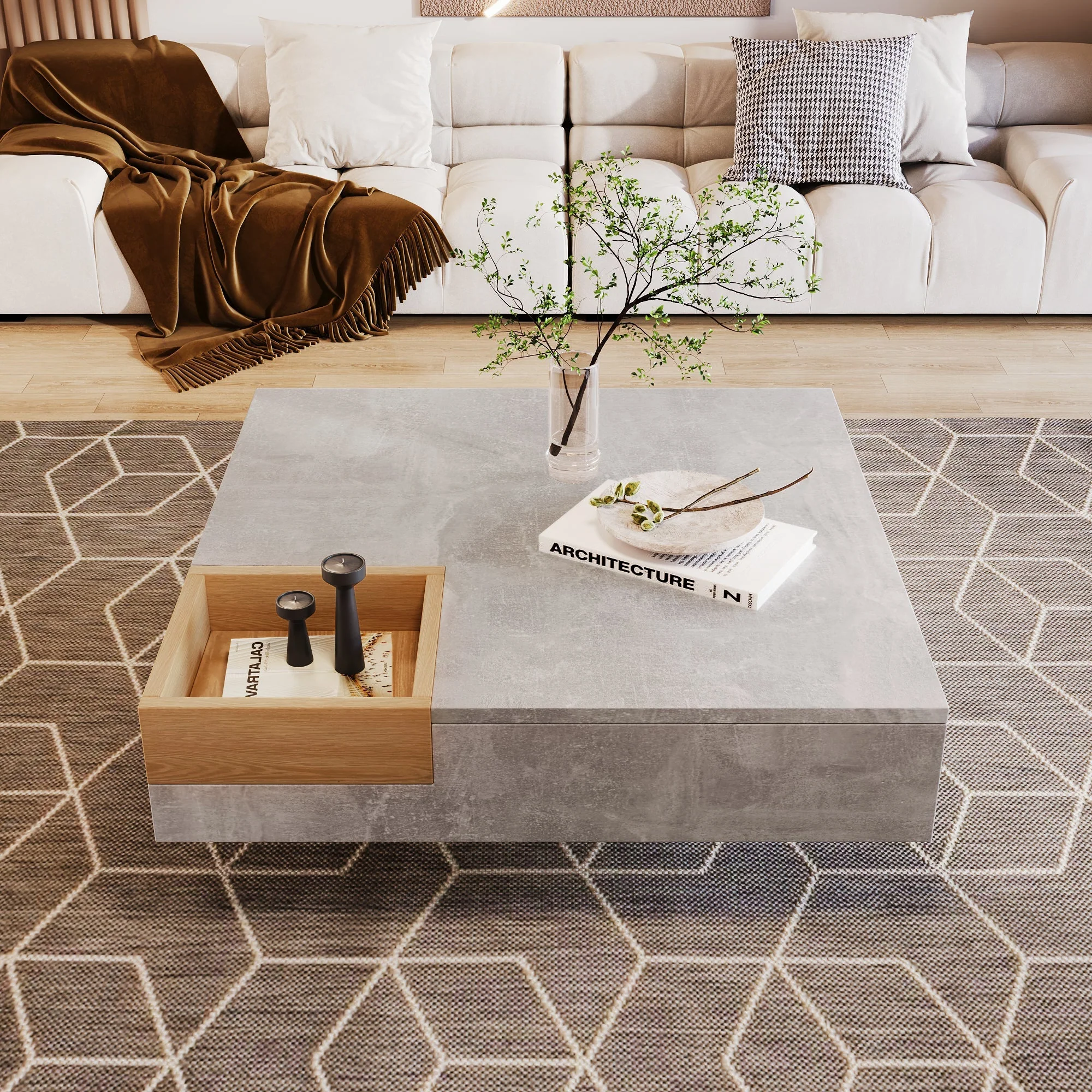 Coffee Table with Removable Storage Box, Concrete Gray and Wood - Image 4