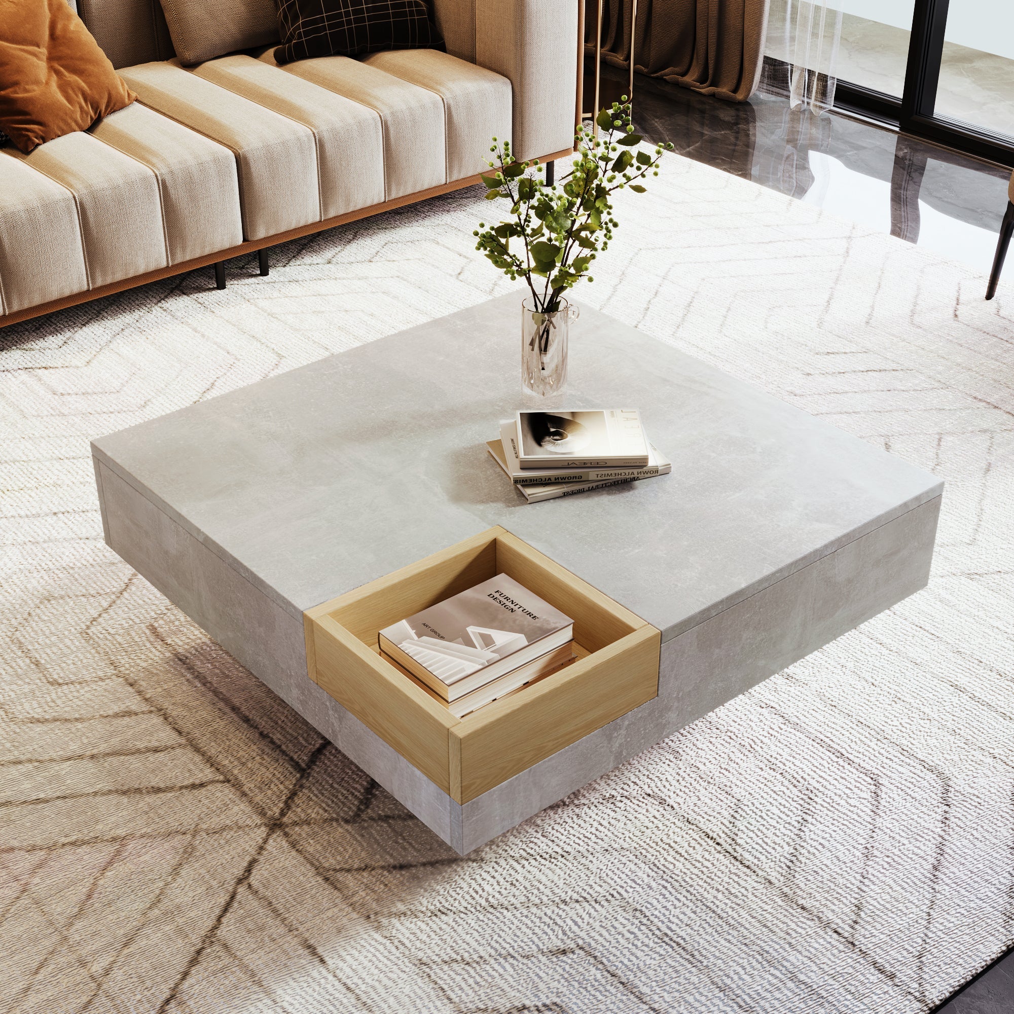 Coffee Table with Removable Storage Box, Concrete Gray and Wood - Image 6