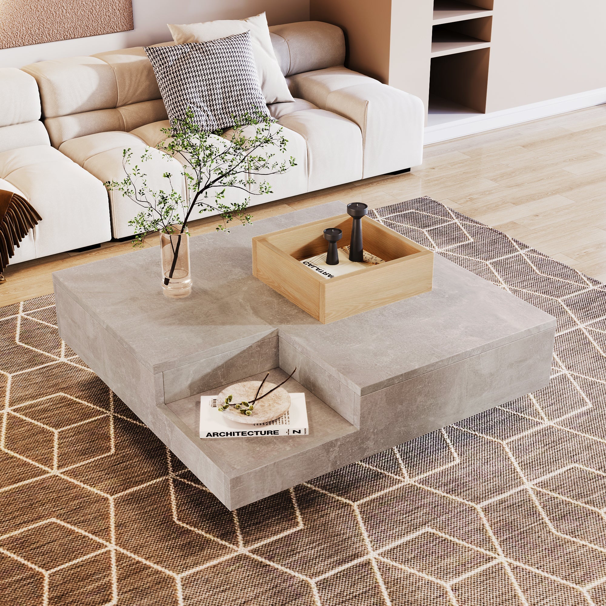 Coffee Table with Removable Storage Box, Concrete Gray and Wood - Image 7