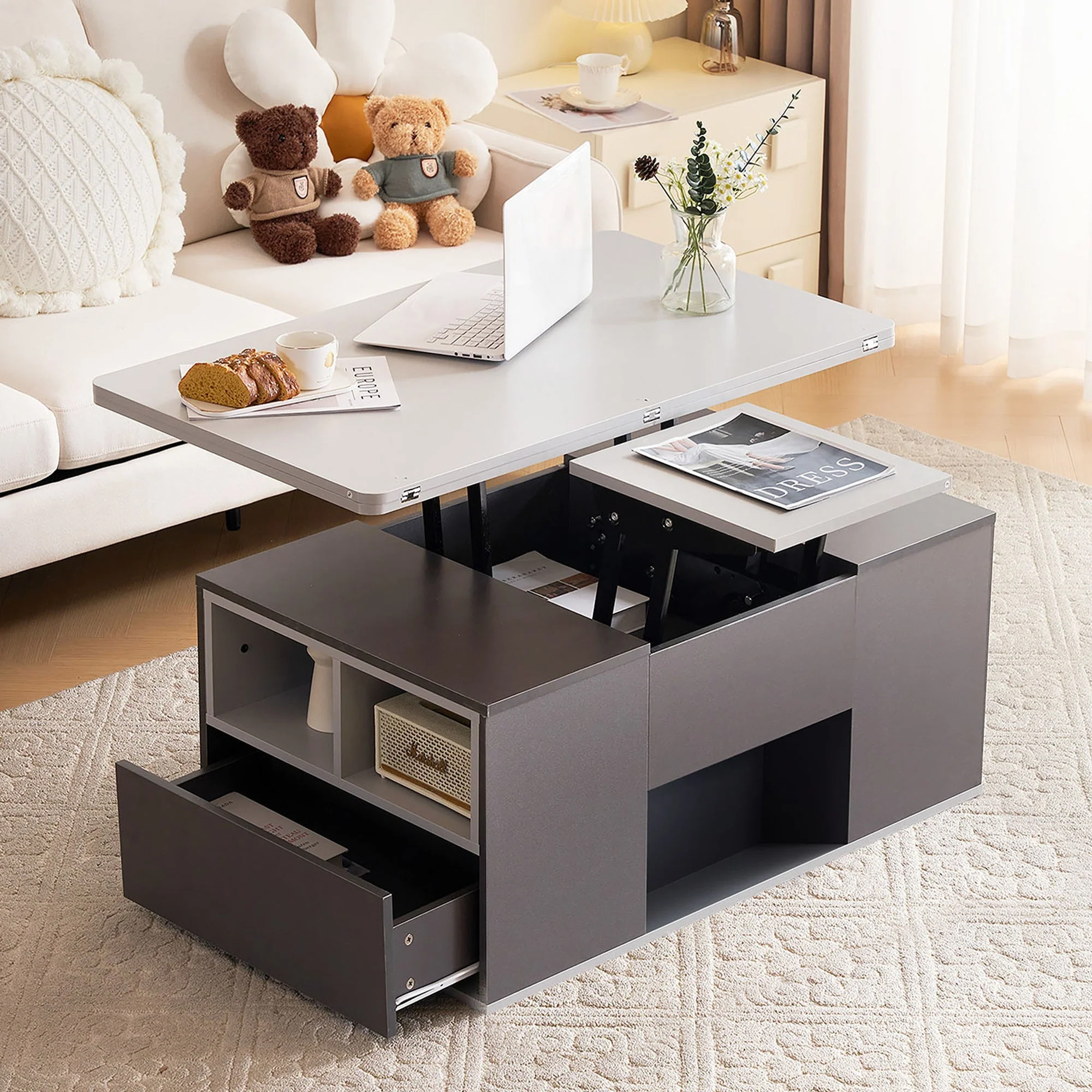 Coffee Table with Storage, Lift-Up, 2 Drawers, Grey