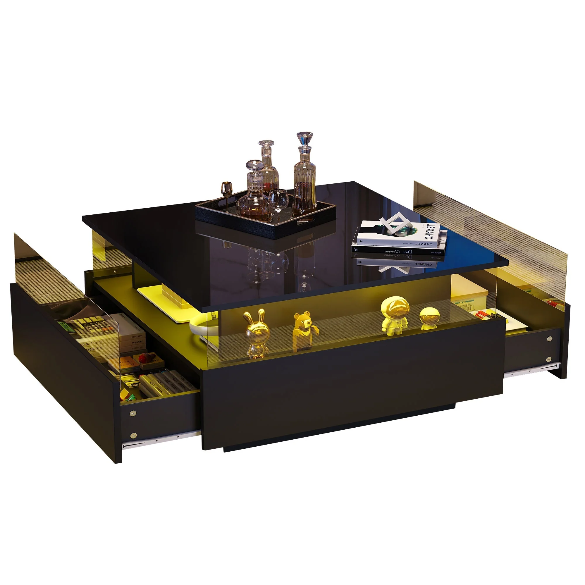 Coffee Table with Storage, Modern LED Coffee Table with 2 Sliding Drawers, Black - Image 6