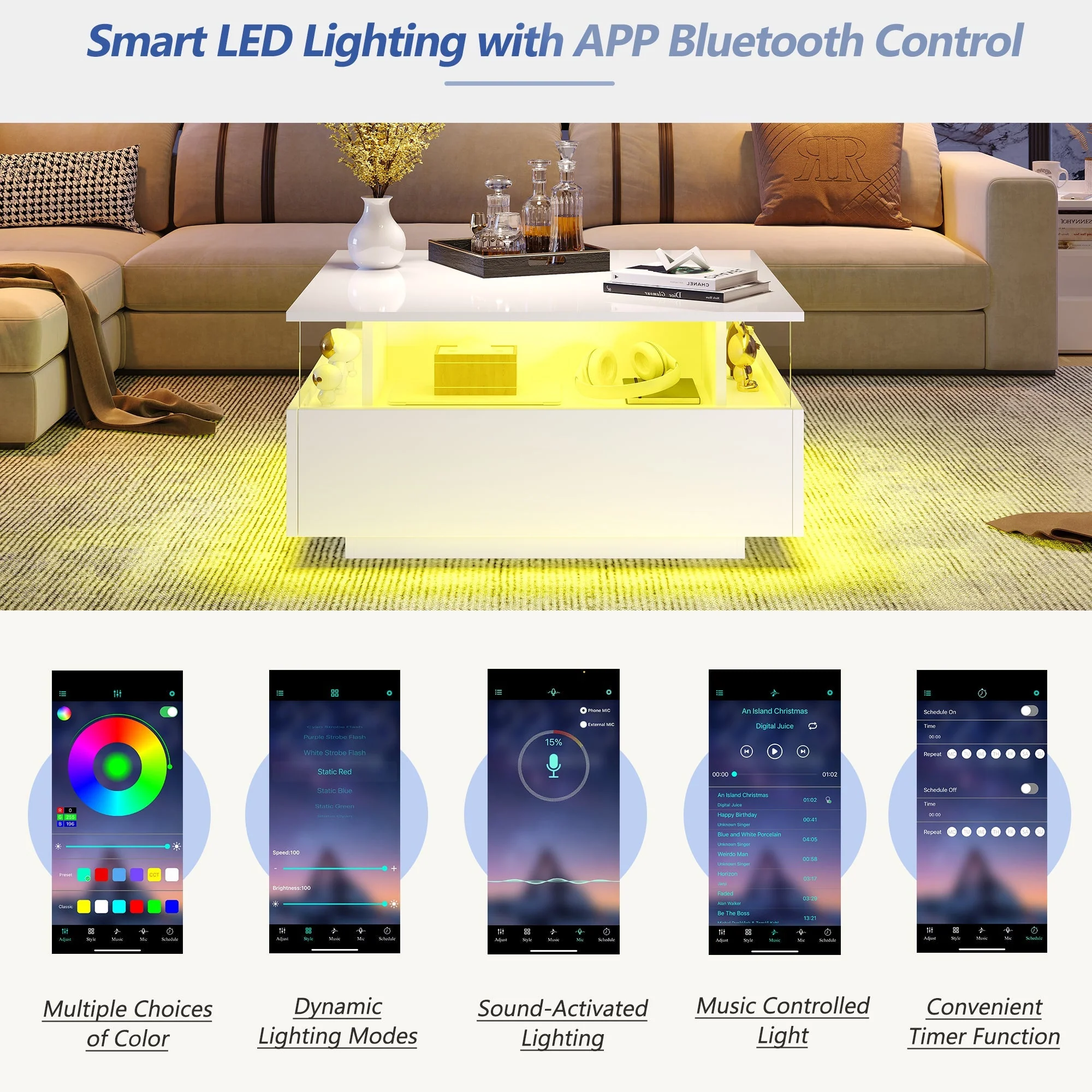 Coffee Table with Storage, Modern LED, White Wood and Acrylic Glass - Image 3