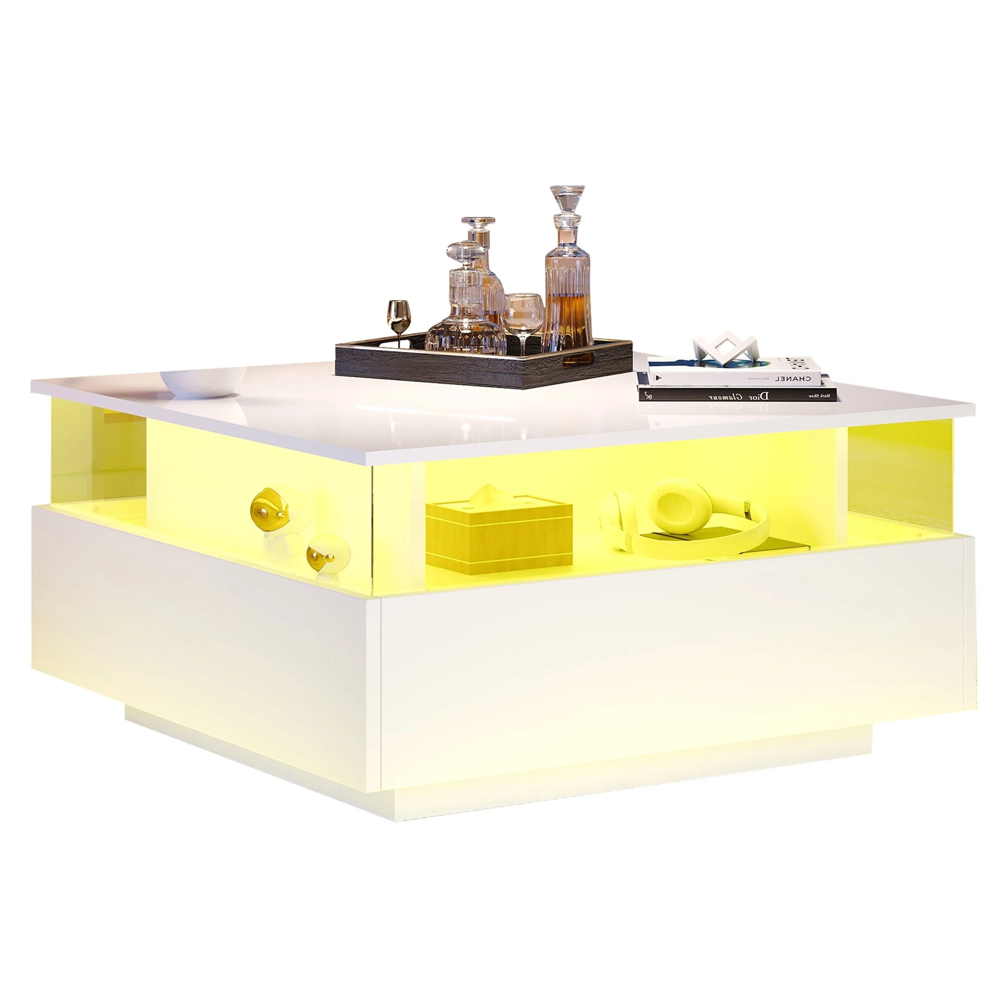 Coffee Table with Storage, Modern LED, White Wood and Acrylic Glass - Image 7