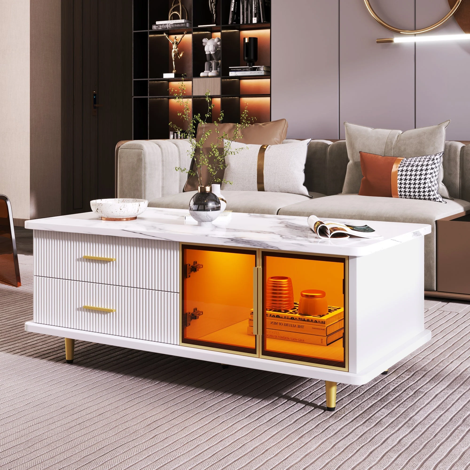 Coffee Table with Tempered Glass Door, Wave-Textured Drawers, Gold Handles, Marble Top - Image 2