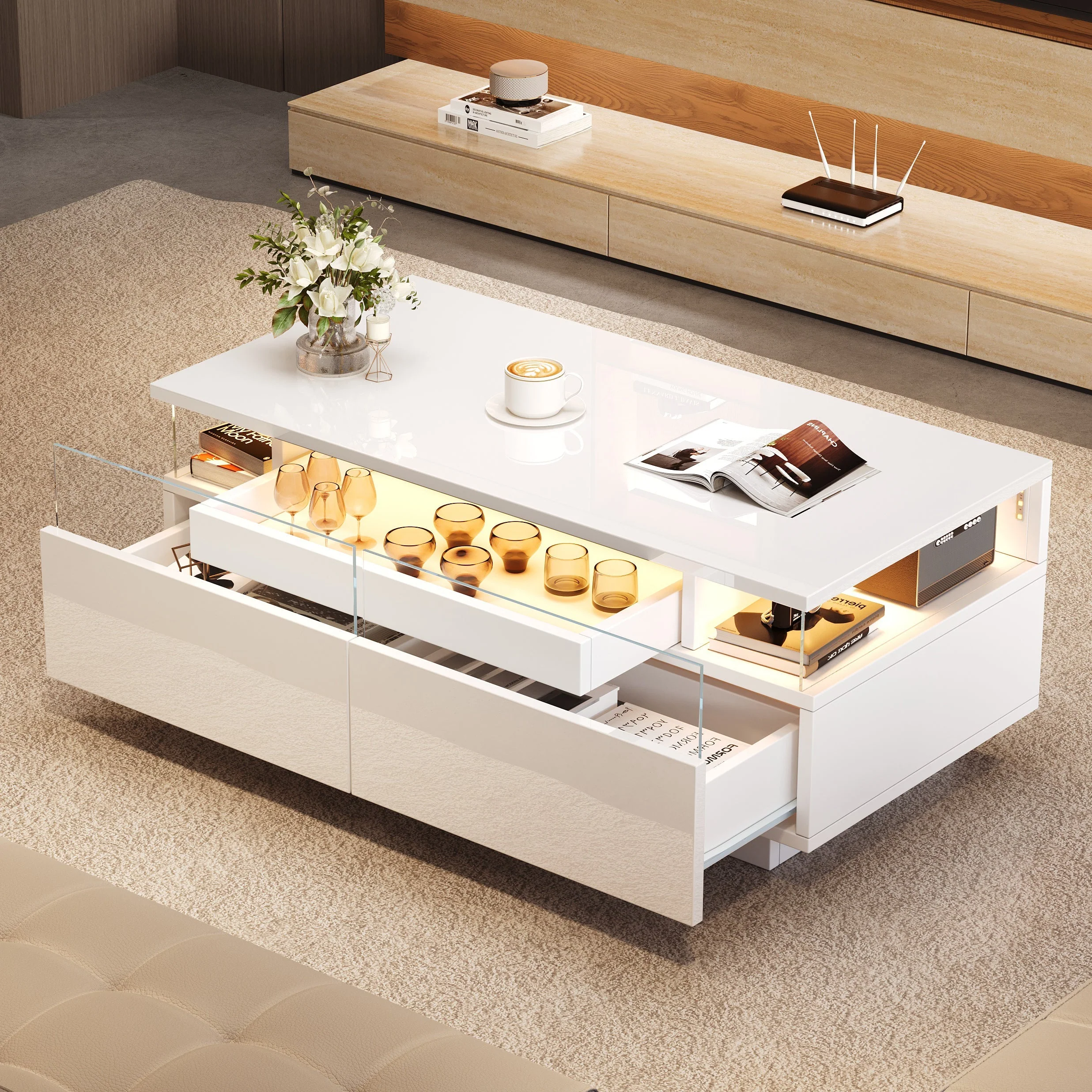 Coffee Table with Tray, 90 x 45 x 35.5 cm, 2 Drawers, Tempered Glass, LED Light, White - Image 3