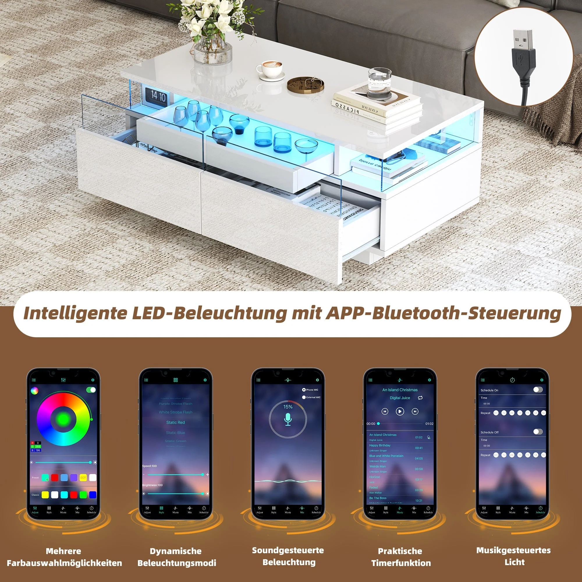 Coffee Table with Tray, 90 x 45 x 35.5 cm, 2 Drawers, Tempered Glass, LED Light, White - Image 4