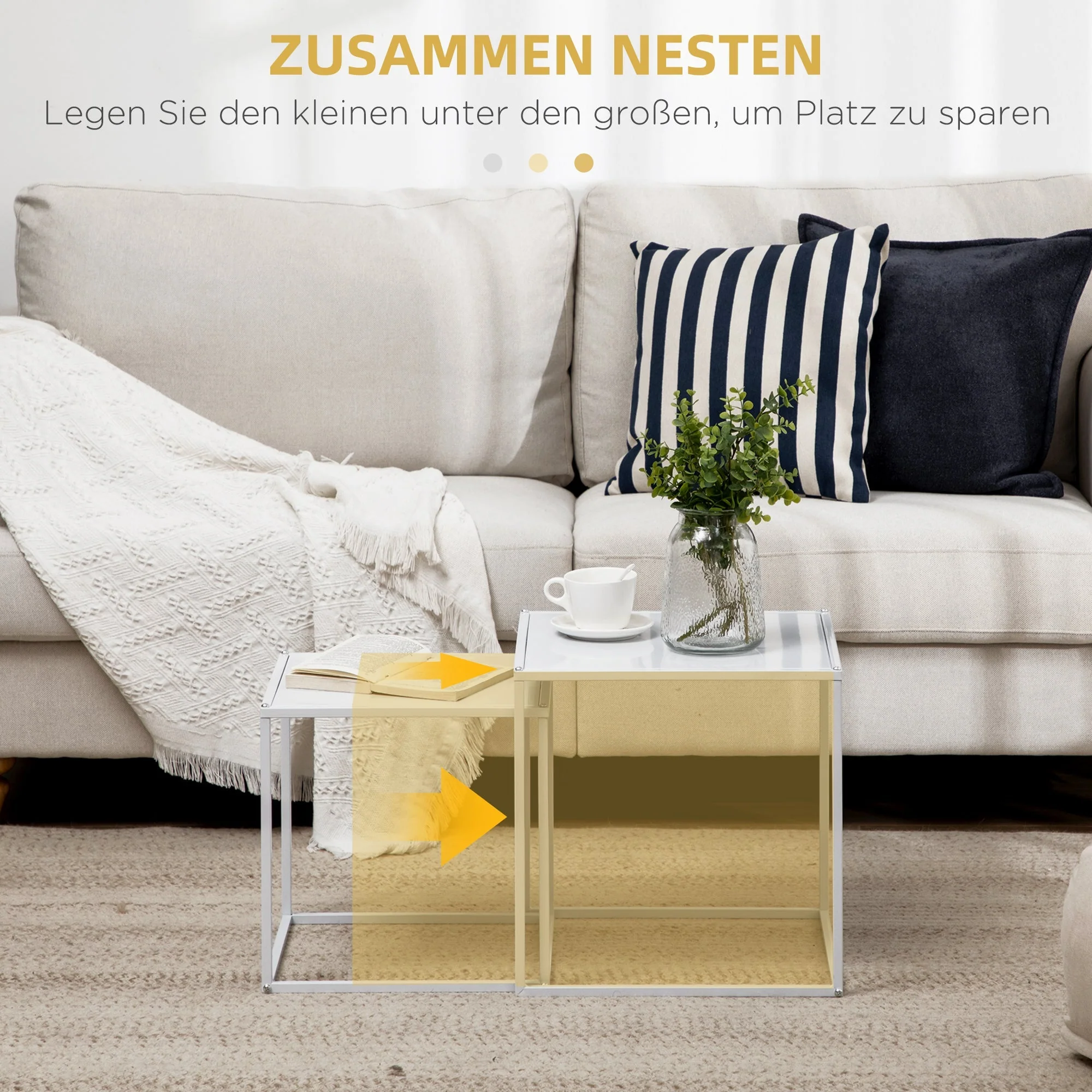 Coffee Tables, Set of 2 Square Side Table with Steel Frame, White - Image 4