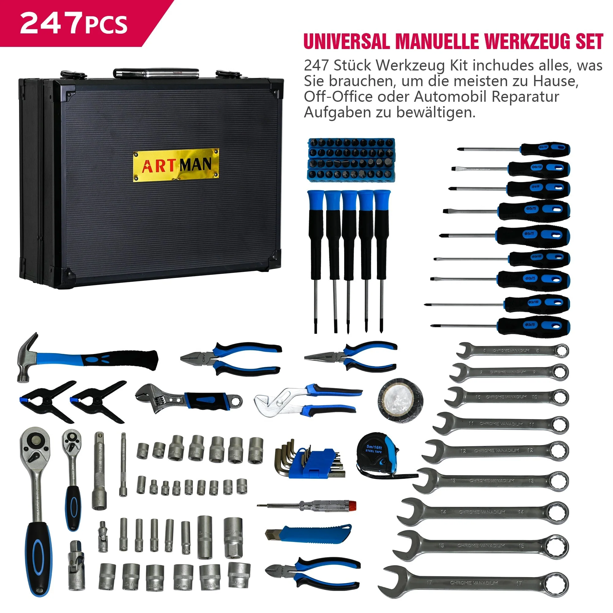 Combined Maintenance Tool Kit, 247-Piece Basic Set, Steel/Plastic - Image 4