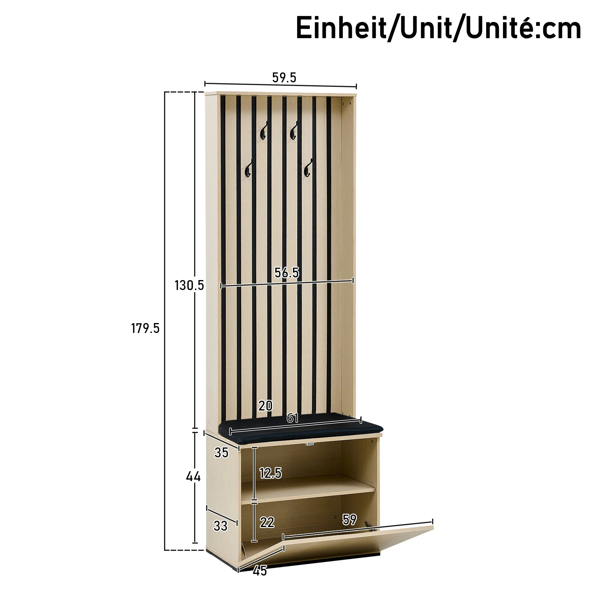 Combined Wardrobe Hallway Set with Mirror, Bench, Shoe Rack, Extendable Clothes Rail - Image 6