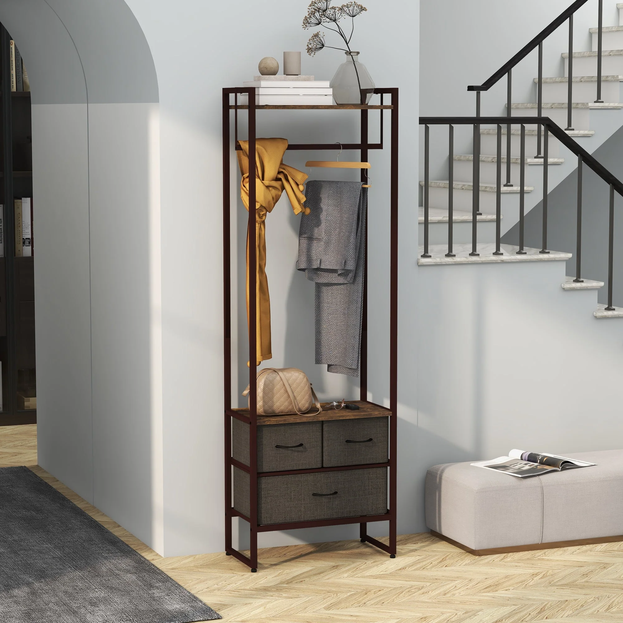 Compact Clothes Rail, Drawers and Shelf, Rustic Brown Engineered Wood