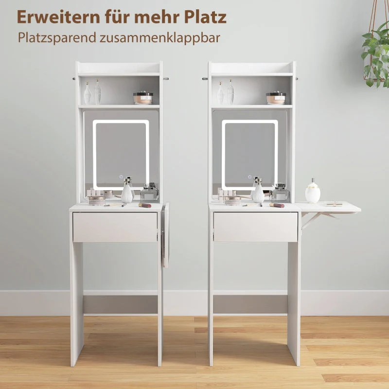 Compact Dressing Table, Mirror, LED Lighting, Folding Tabletop, Open Shelves, Drawer, White MDF - Image 5