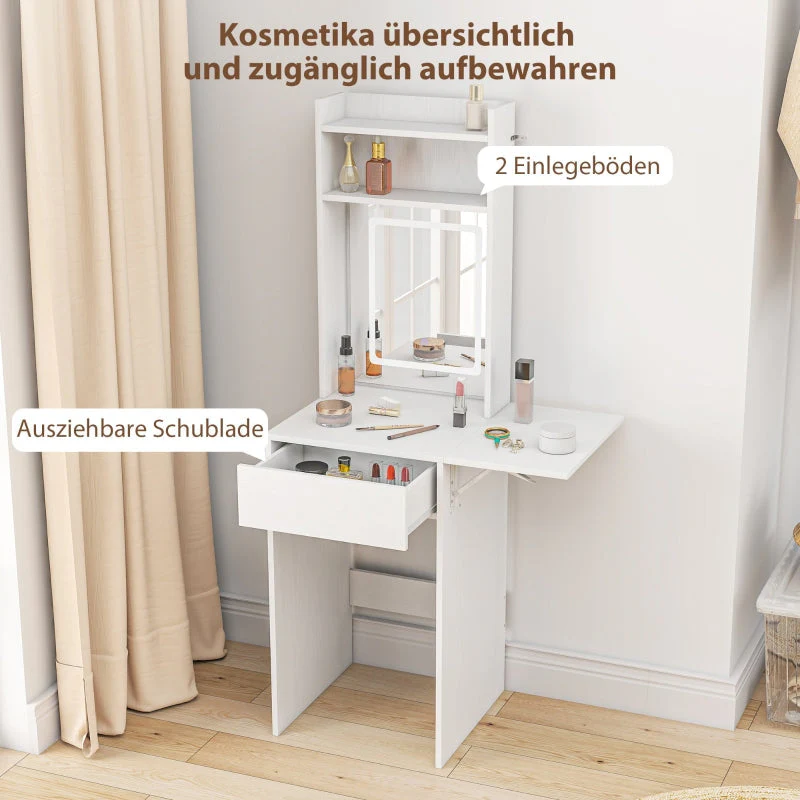 Compact Dressing Table, Mirror, LED Lighting, Folding Tabletop, Open Shelves, Drawer, White MDF - Image 6