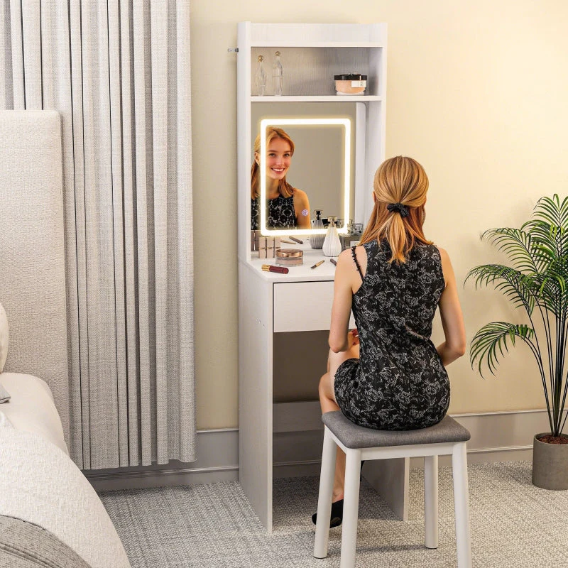 Compact Dressing Table, Mirror, LED Lighting, Folding Tabletop, Open Shelves, Drawer, White MDF - Image 8