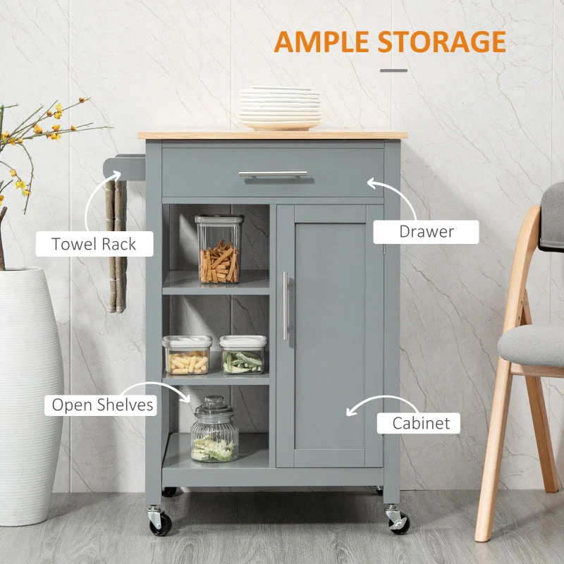 Compact Kitchen Trolley Utility Cart Open Shelf Drawer Wheels, Grey MDF - Image 4