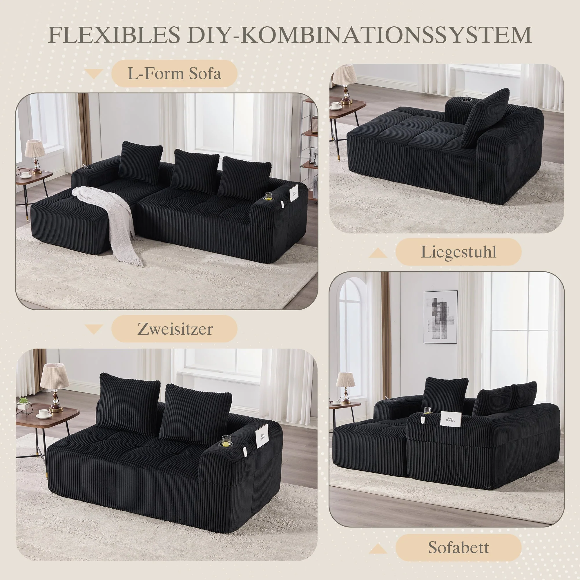 Compact Modular Sofa Side Pocket Cup Holder 3 Cushions - Corduroy Black - Image 4