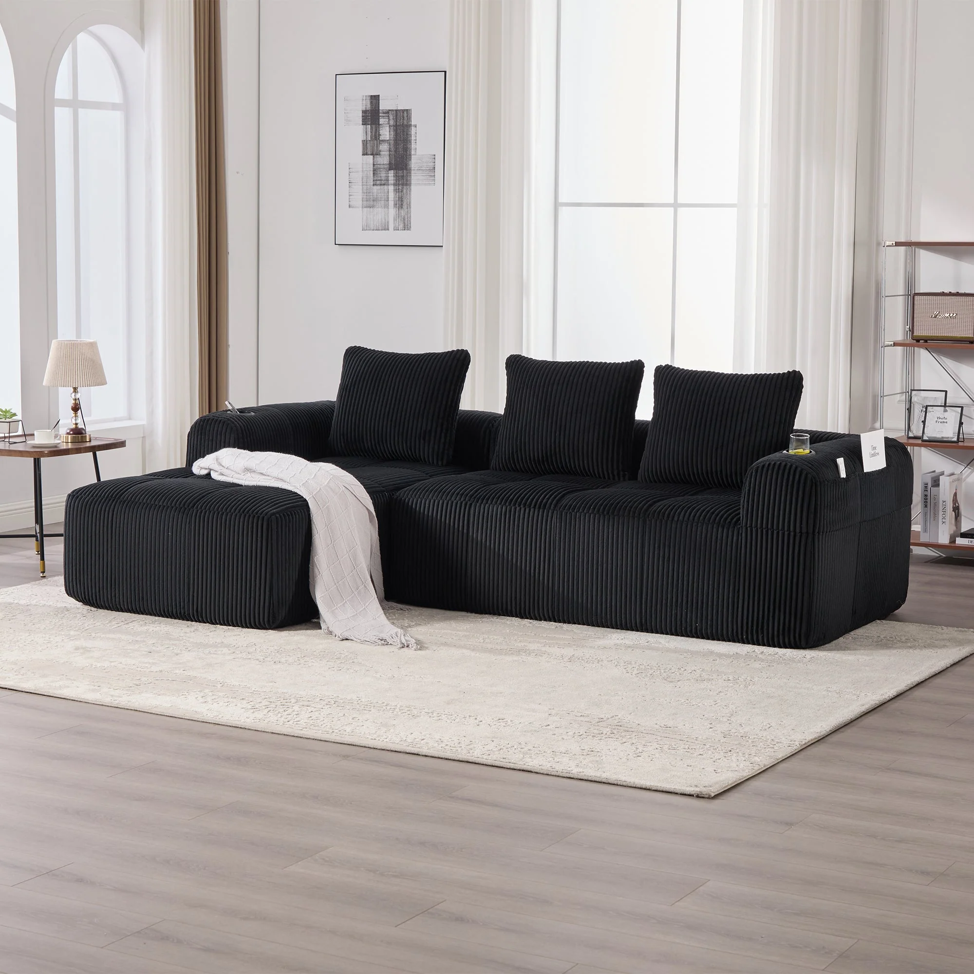 Compact Modular Sofa Side Pocket Cup Holder 3 Cushions - Corduroy Black - Image 6