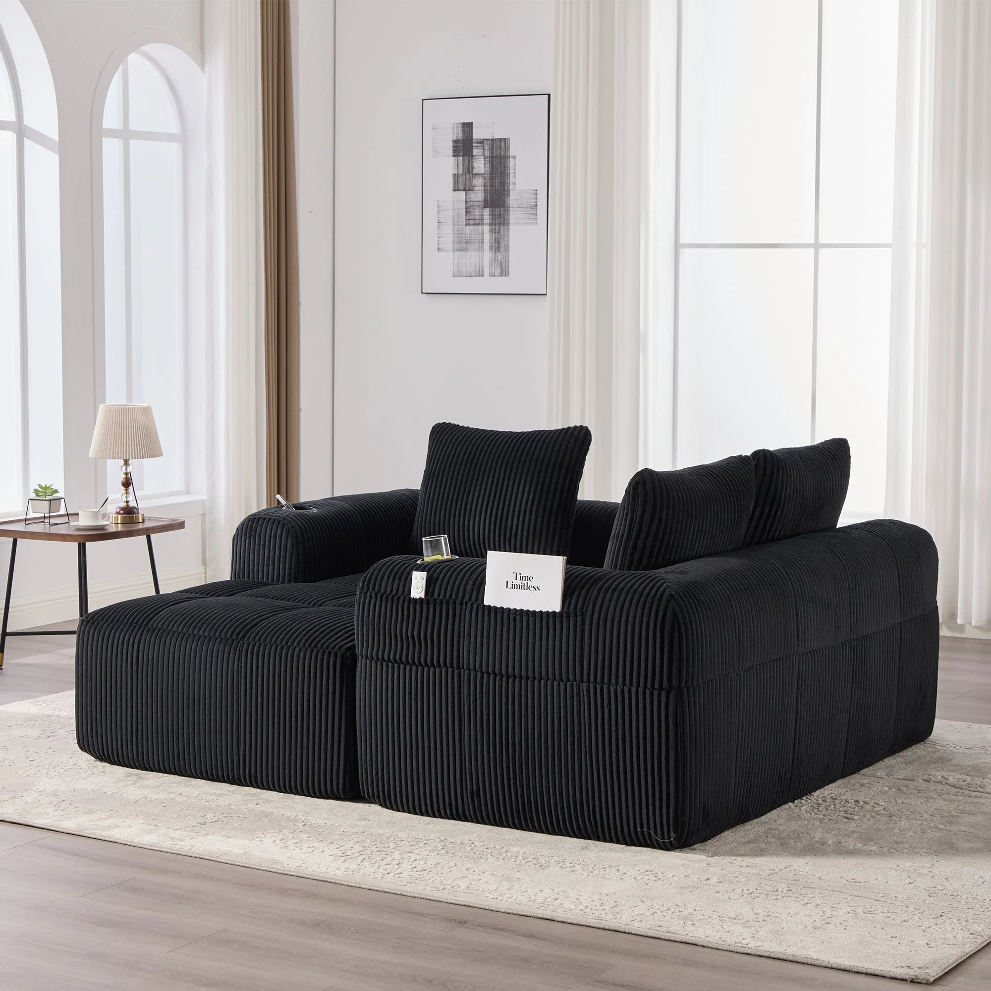 Compact Modular Sofa Side Pocket Cup Holder 3 Cushions - Corduroy Black - Image 9