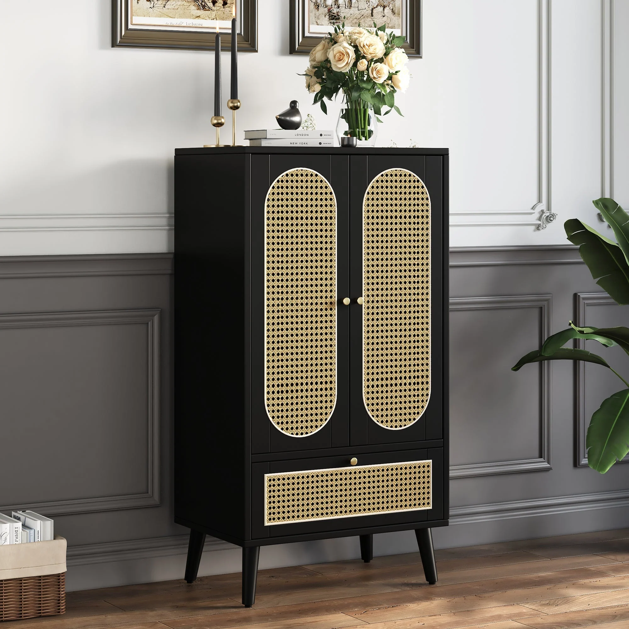 Compact Sideboard, Rattan Design, 2 Doors, 1 Drawer, Black - Image 4