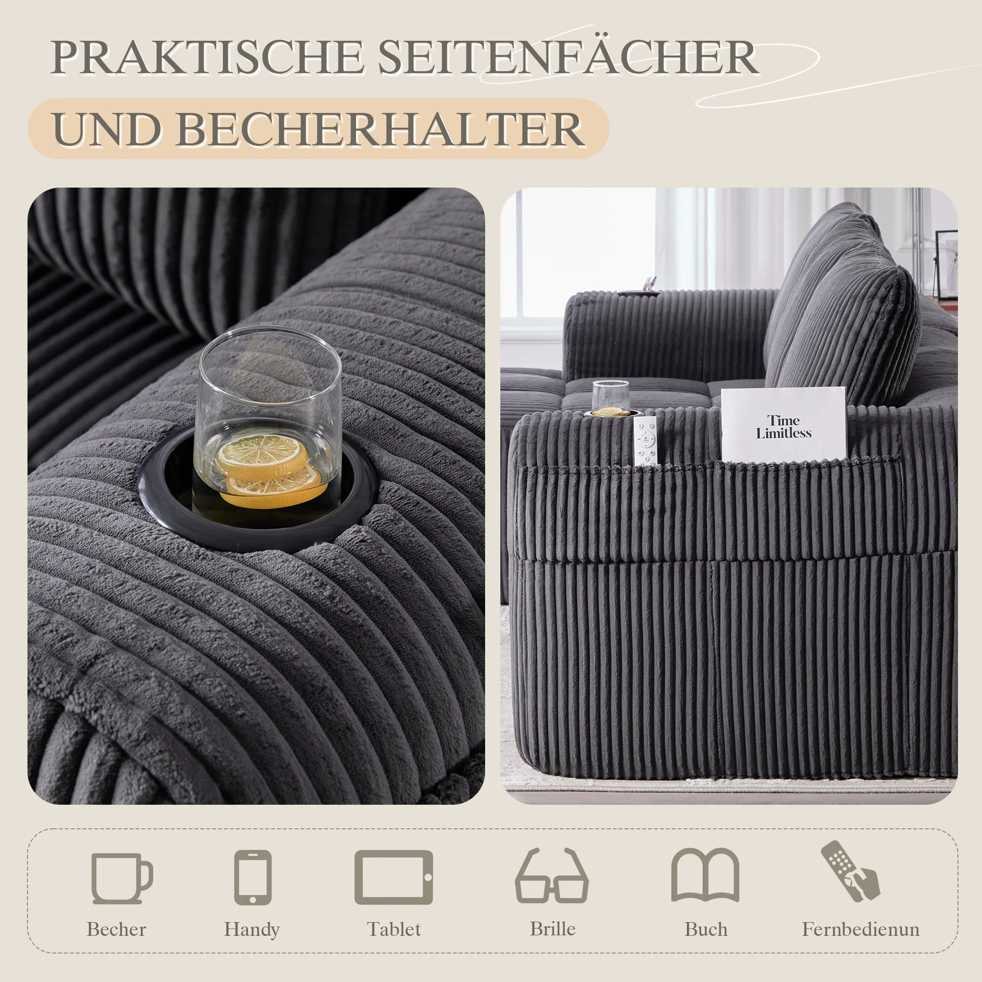 Compact Sofa Modular Side Pocket Cup Holder 3 Cushions - Corduroy Dark Gray - Image 8