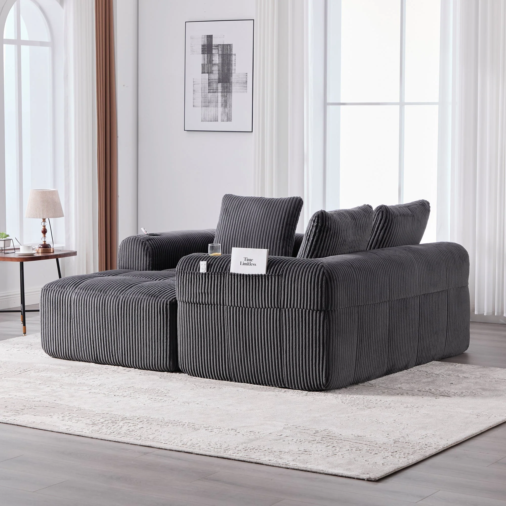 Compact Sofa Modular Side Pocket Cup Holder 3 Cushions - Corduroy Dark Gray - Image 9