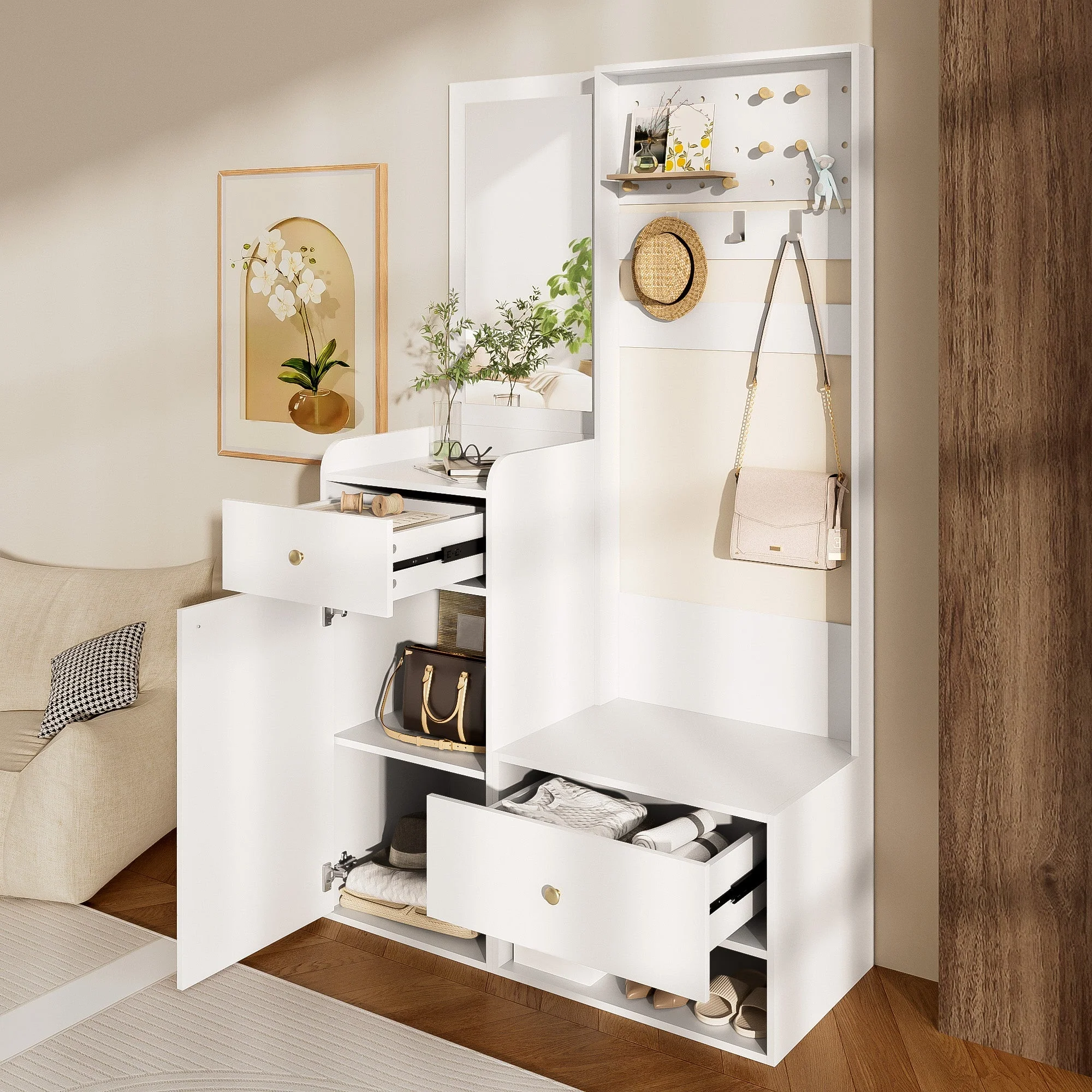 Compact Wardrobe, Entryway Shelf with Mirror, Adjustable Hooks, Shelves, 105 cm, White - Image 4