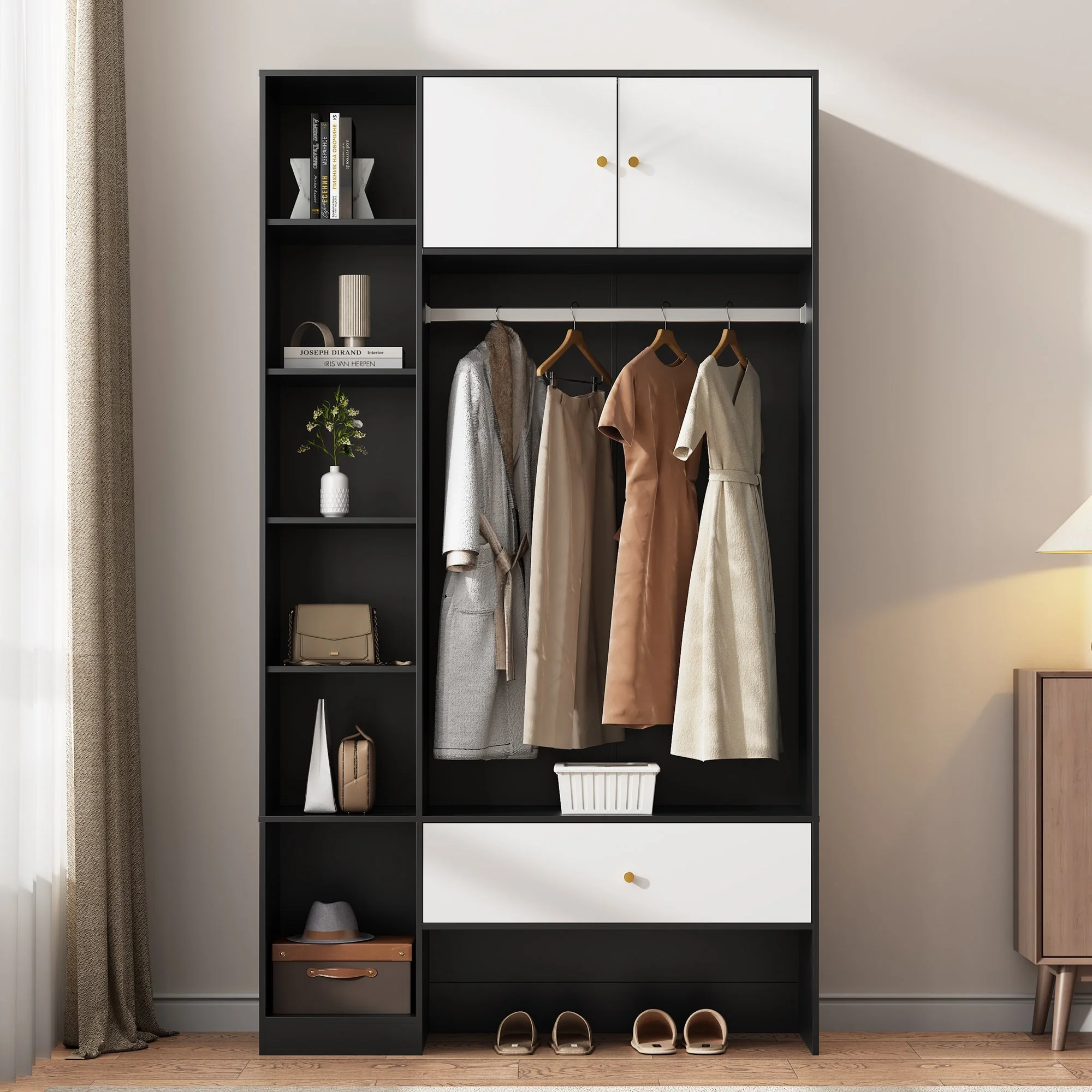 Compact Wardrobe Set 2 Doors 6 Compartments Clothes Rail Drawer Black and White
