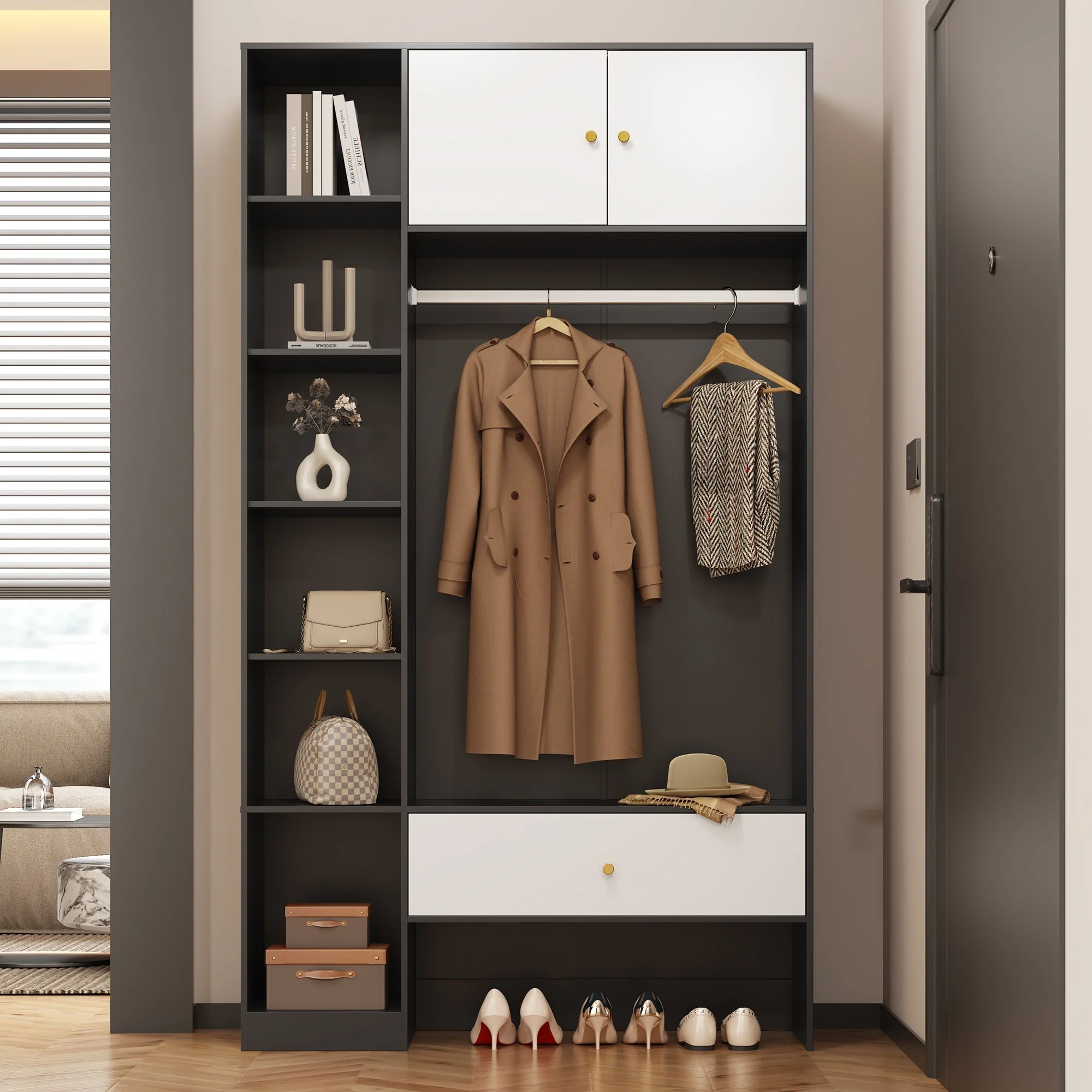 Compact Wardrobe Set 2 Doors 6 Compartments Clothes Rail Drawer Black and White - Image 4