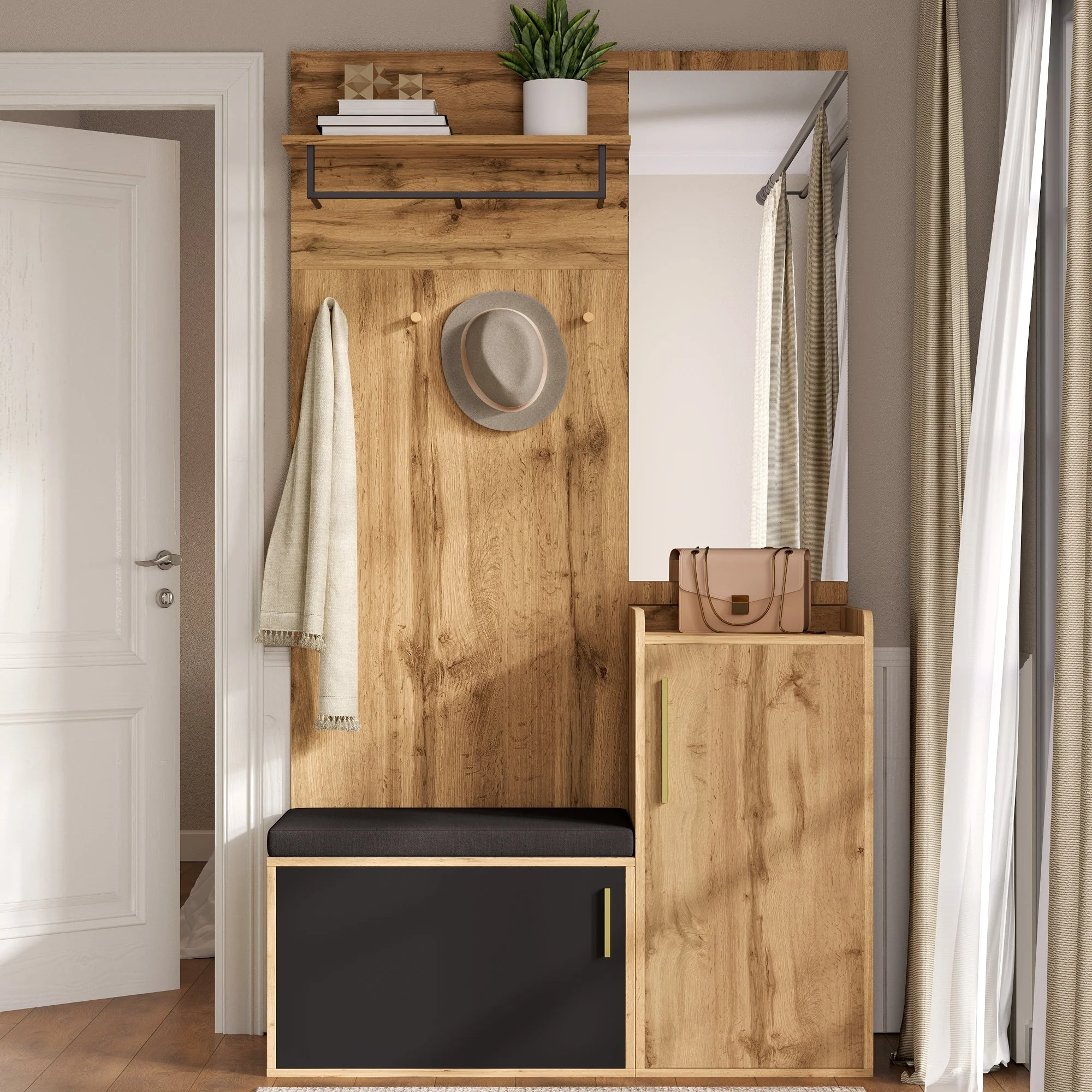 Compact Wardrobe Set, Mirror Bench Shoe Cabinet Hooks, Wood Look - Image 2