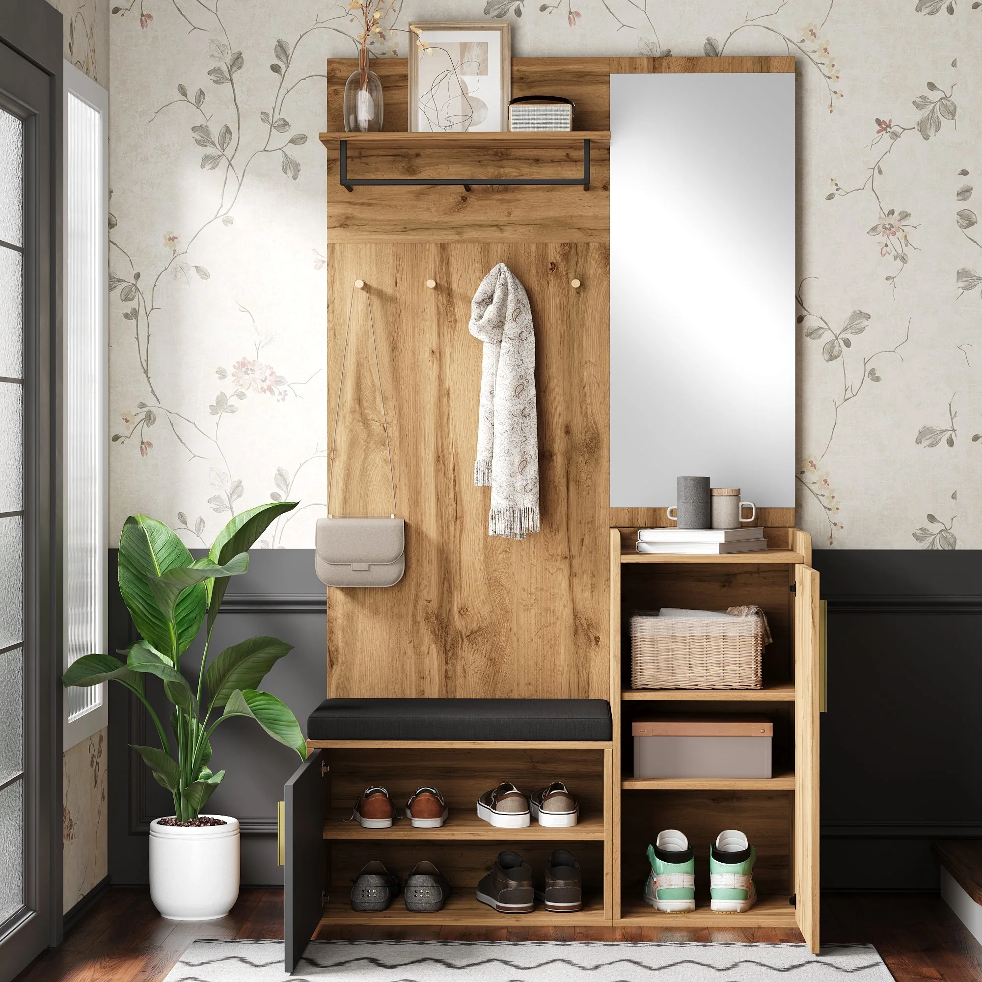Compact Wardrobe Set, Mirror Bench Shoe Cabinet Hooks, Wood Look - Image 3