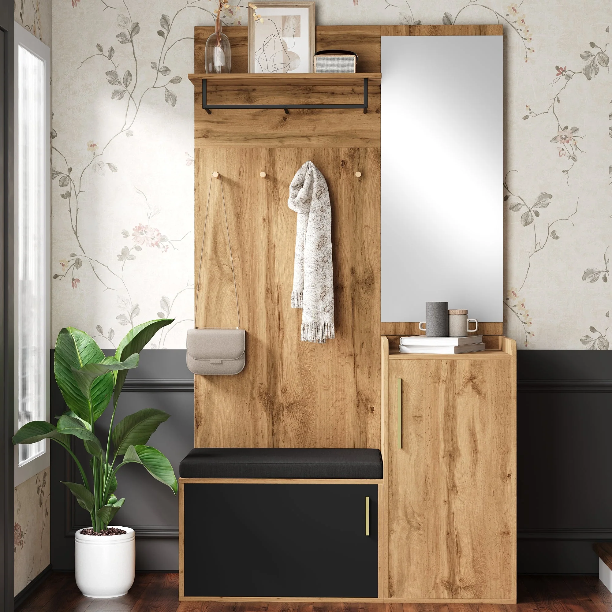 Compact Wardrobe Set, Mirror Bench Shoe Cabinet Hooks, Wood Look - Image 8