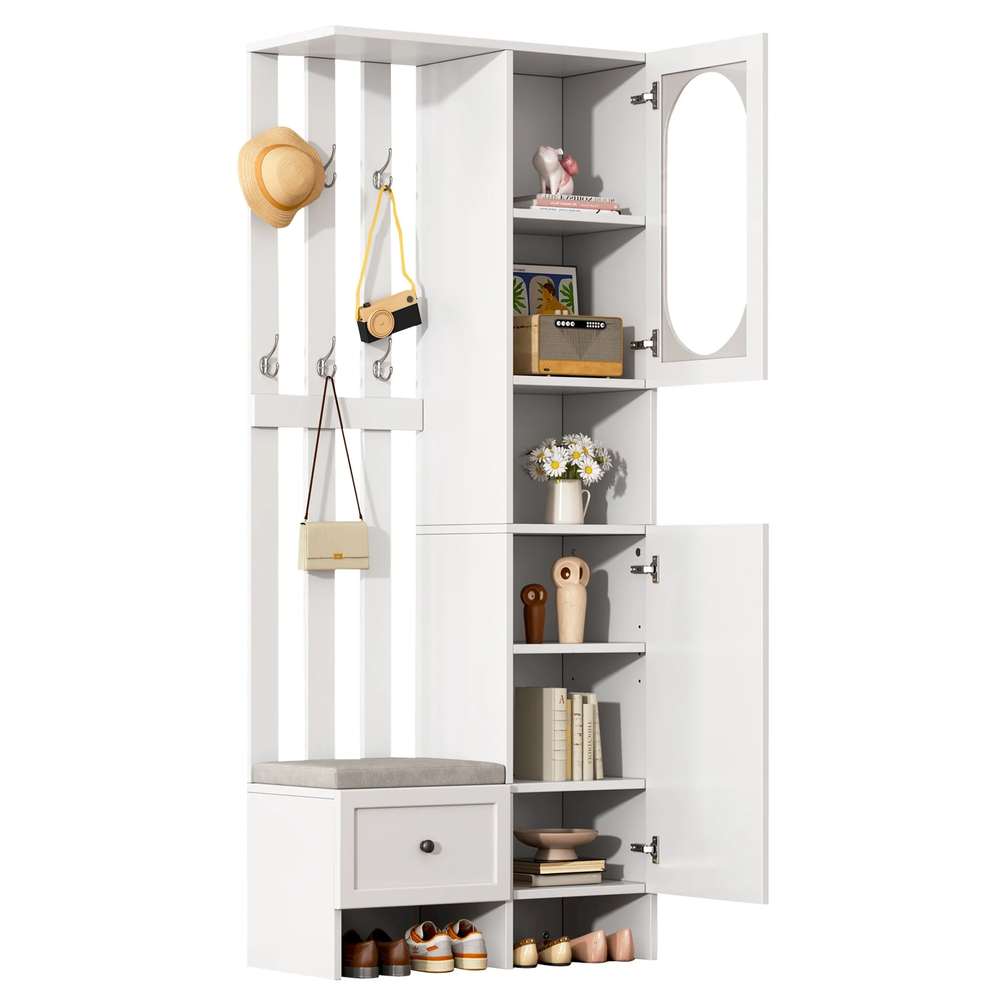 Compact Wardrobe Set with 2 Cabinets, Tempered Glass, Shoe Bench & Cushion, White - Image 10