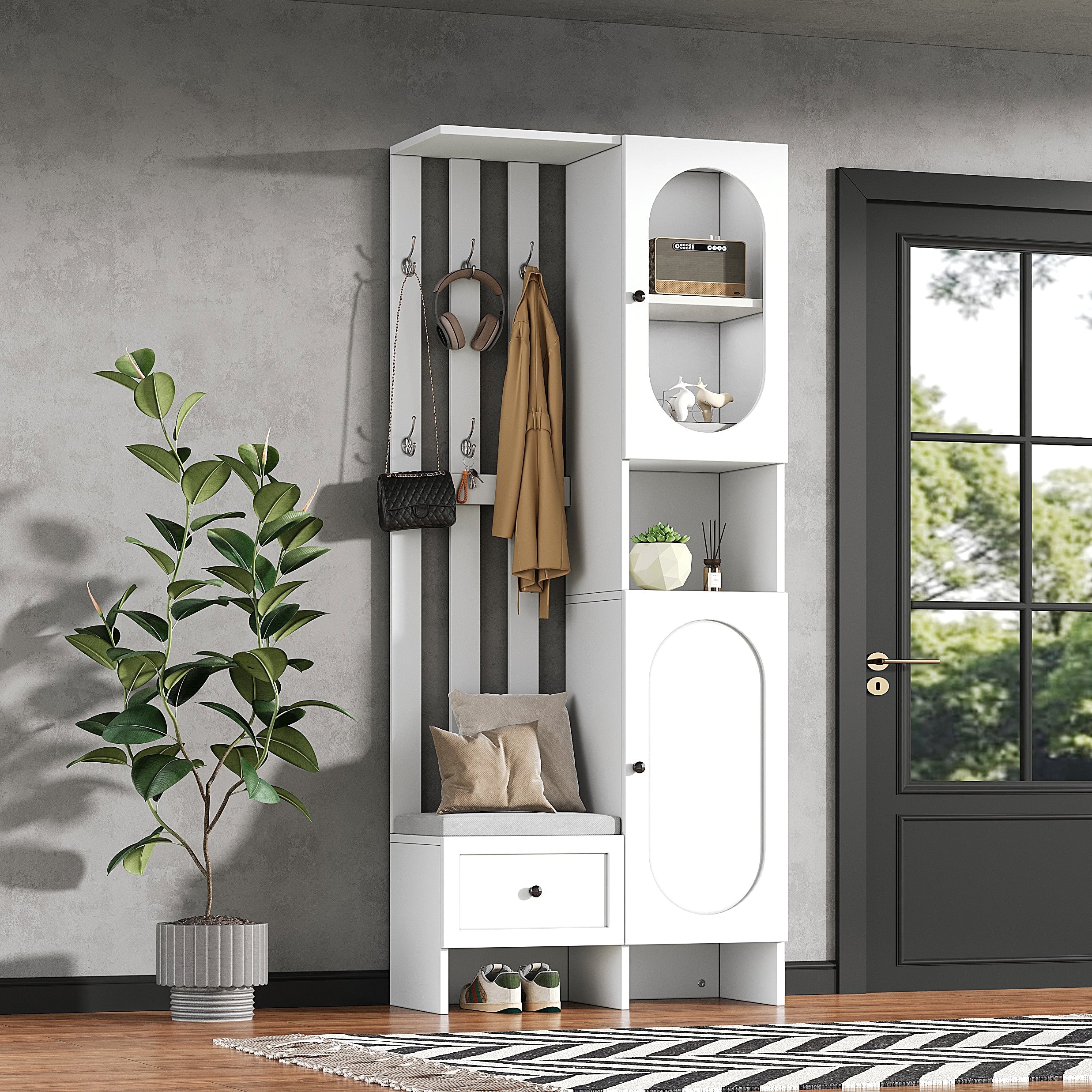 Compact Wardrobe Set with 2 Cabinets, Tempered Glass, Shoe Bench & Cushion, White - Image 4