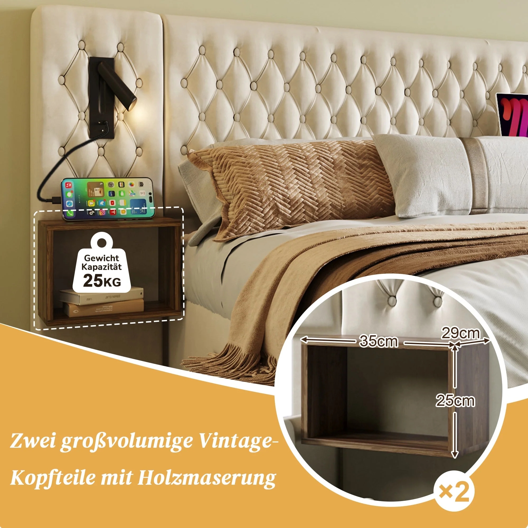 Complete Bedroom Bed Set, Upholstered Hydraulic Storage Double Bed 180x200cm with 2 Nightstands & USB Reading Light, Beige Velvet - Image 3