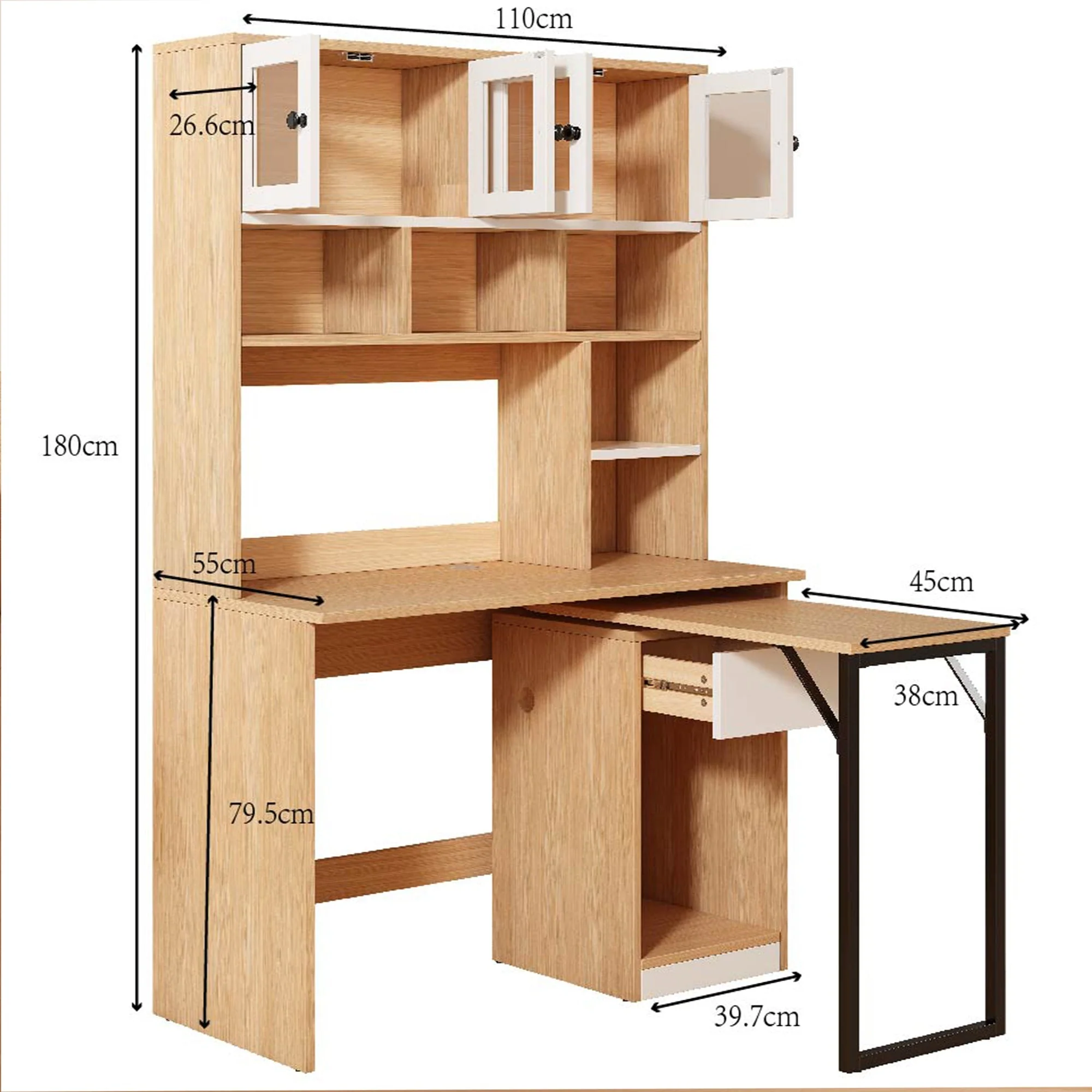 Computer Desk Shelf Cabinet Work Desk 180cm, White Natural - Image 2