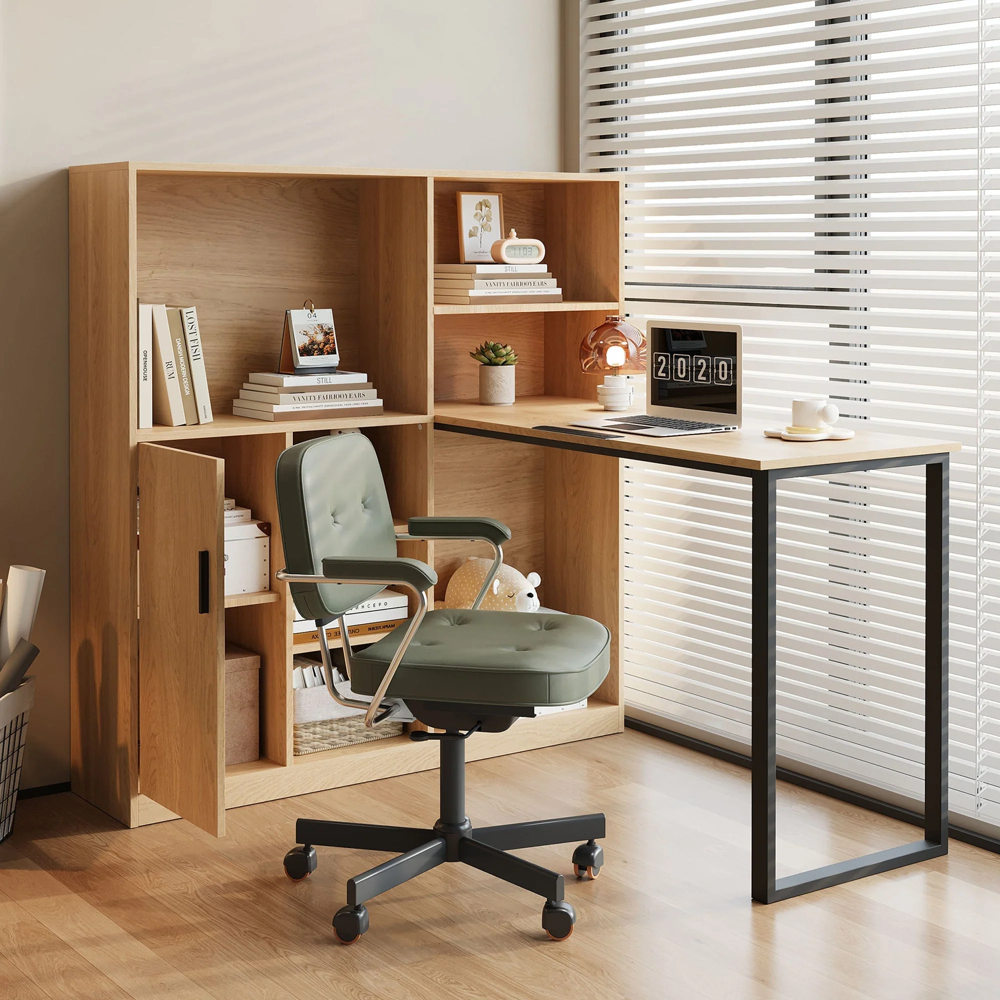 Computer Desk, Shelf & Cupboard, Work Table, Natural 120cm