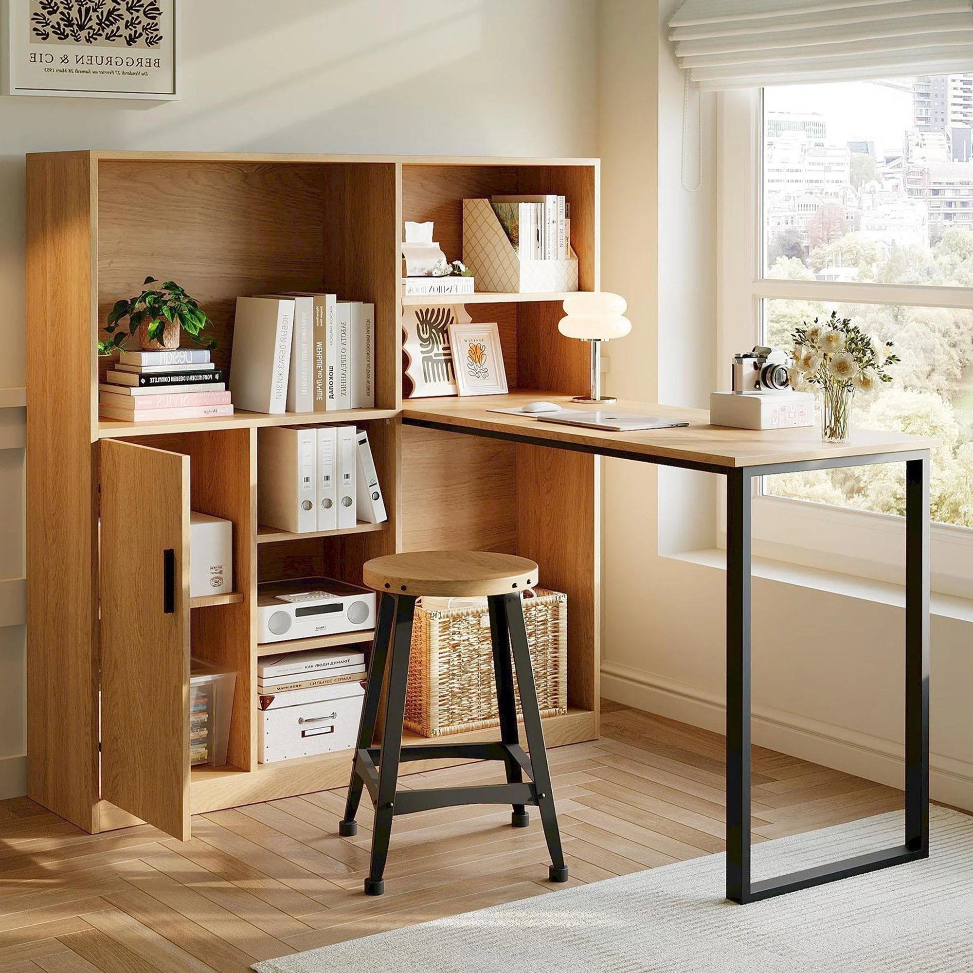 Computer Desk, Shelf & Cupboard, Work Table, Natural 120cm - Image 5