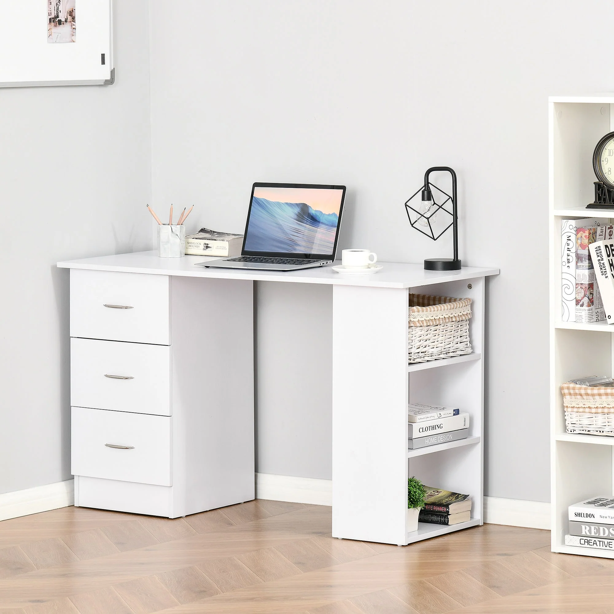 Computer Desk with 3 Storage Shelves & Drawers, White