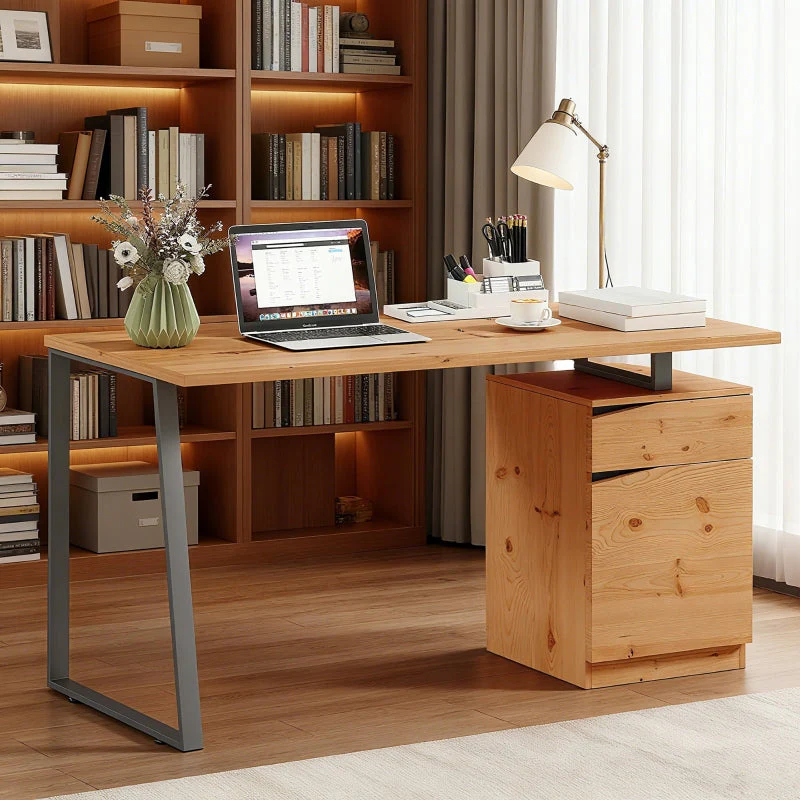 Computer Desk with Cabinet Drawer Metal Legs, Natural Wood Finish