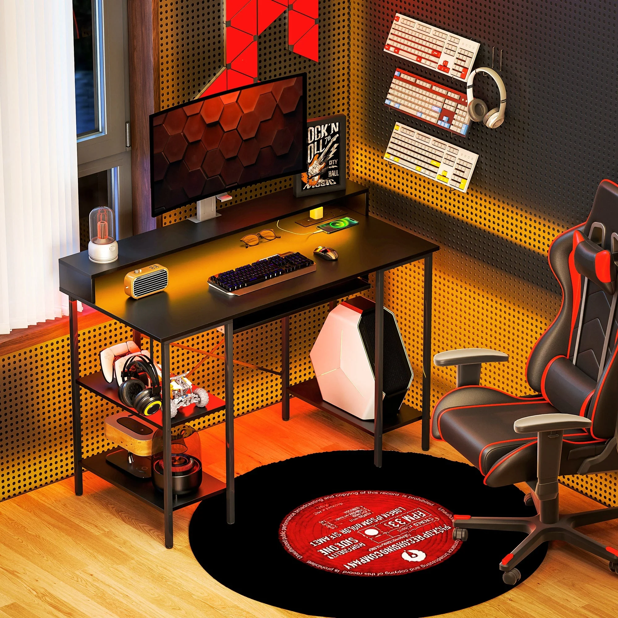 Computer Desk with LED Lights, Power Outlets, Monitor Stand, and Storage Shelves, Black
