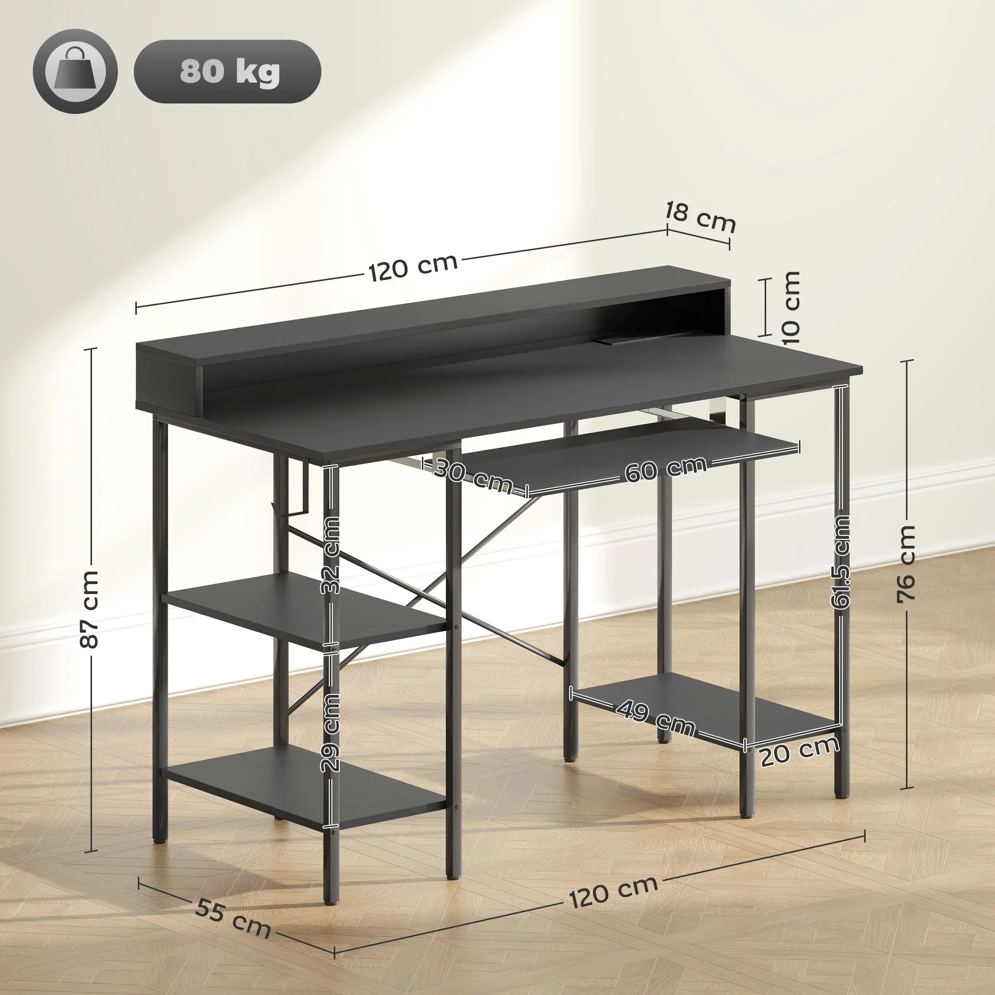 Computer Desk with LED Lights, Power Outlets, Monitor Stand, and Storage Shelves, Black - Image 3