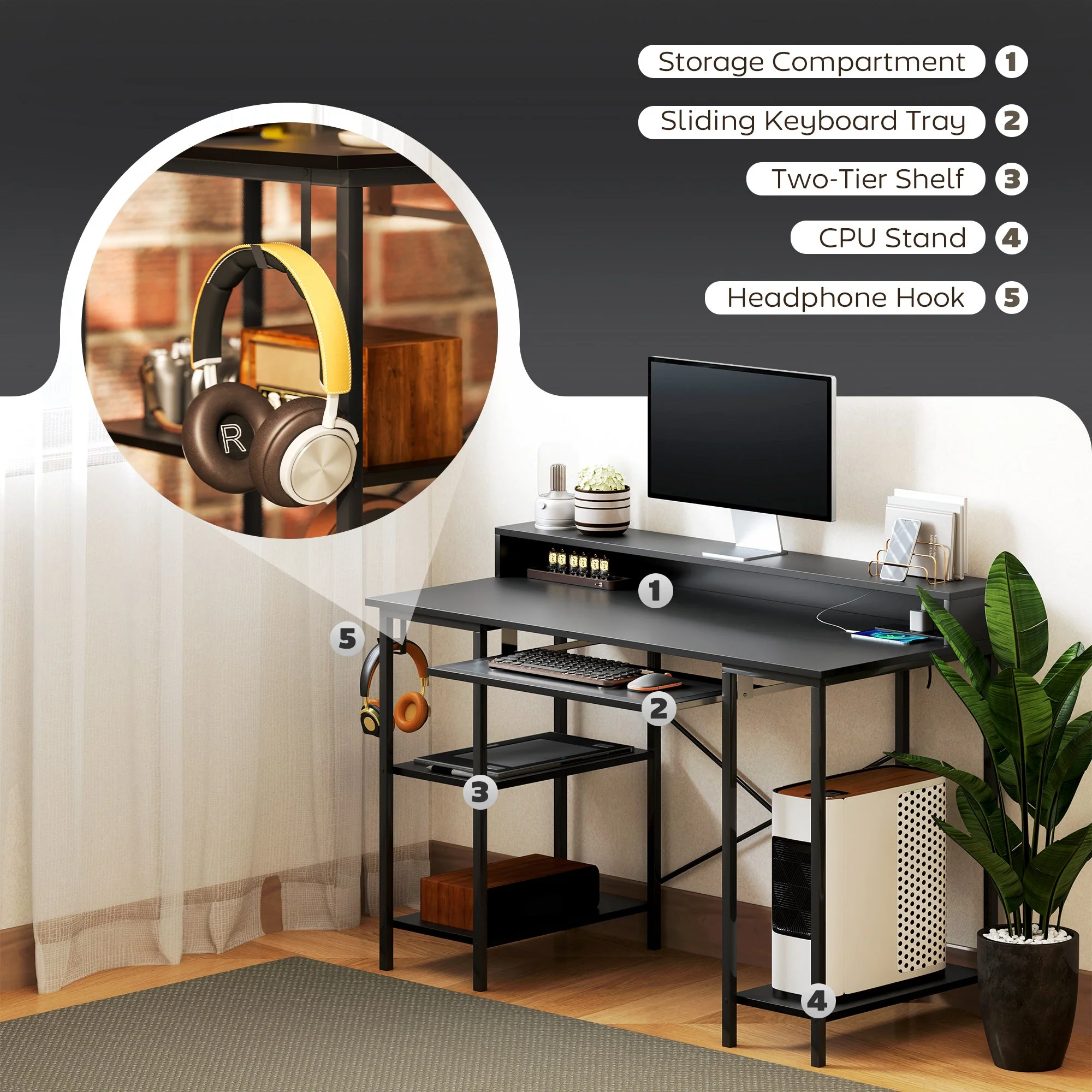 Computer Desk with LED Lights, Power Outlets, Monitor Stand, and Storage Shelves, Black - Image 7