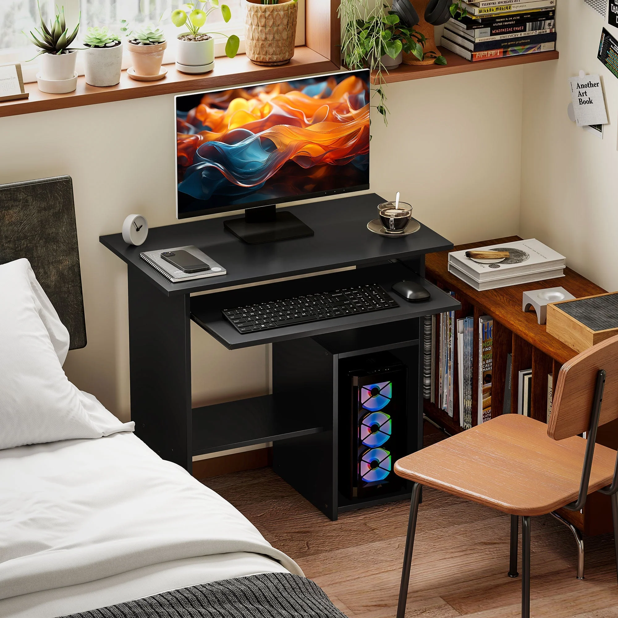 Computer Desk with Open Compartments, Shelves, PC Table, Black - Image 2