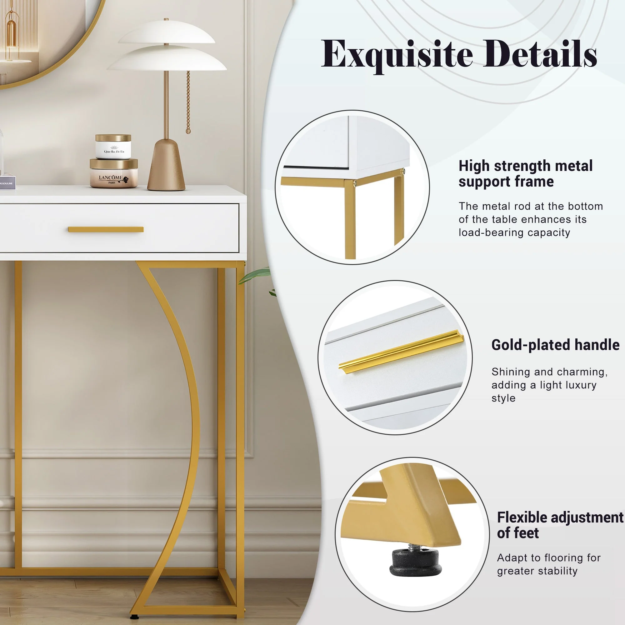Console Table 2-Drawer Luxury Hallway Side Table 110x32x85 cm White/Gold - Image 5