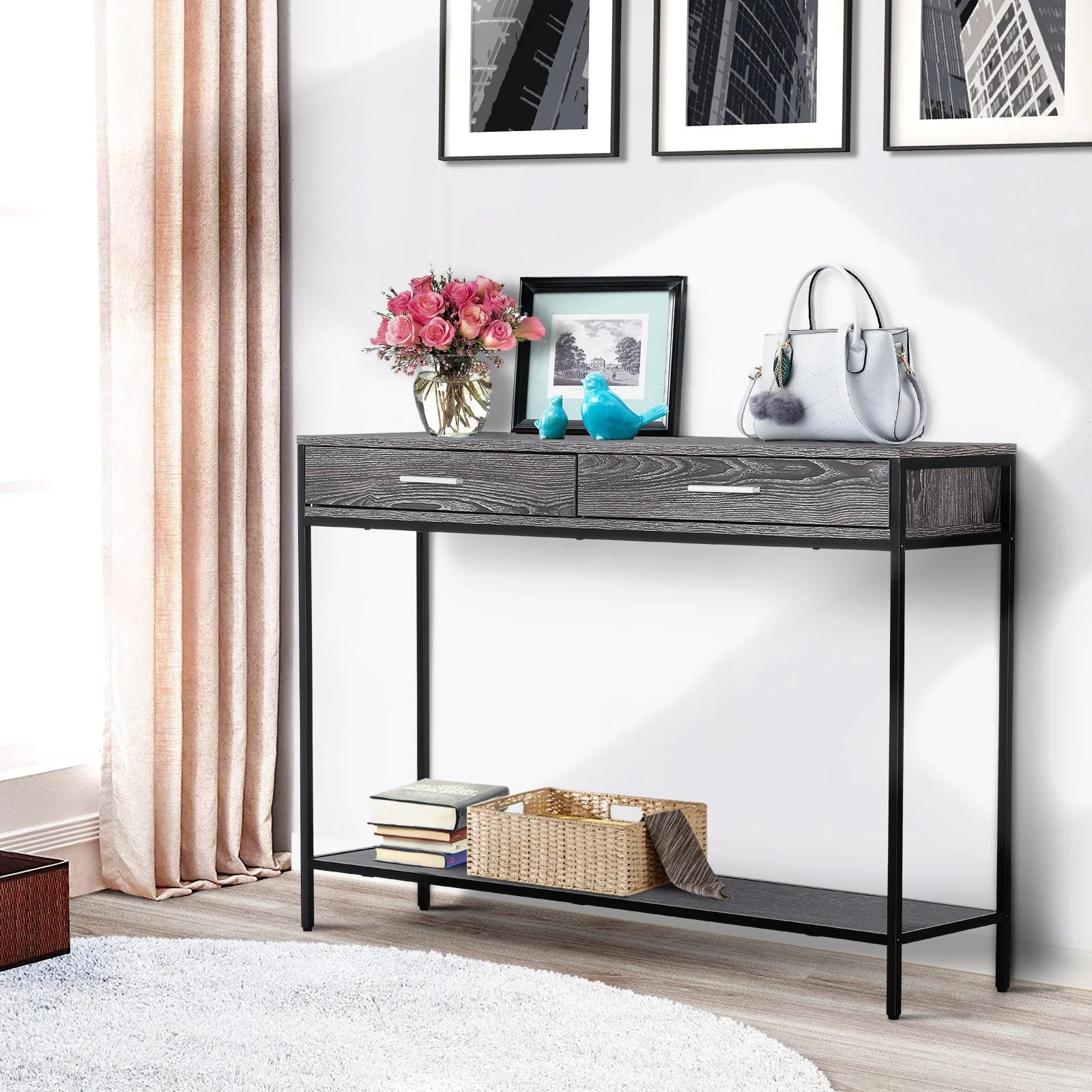 Console Table with 2 Drawers, Lower Shelf, Steel Grey